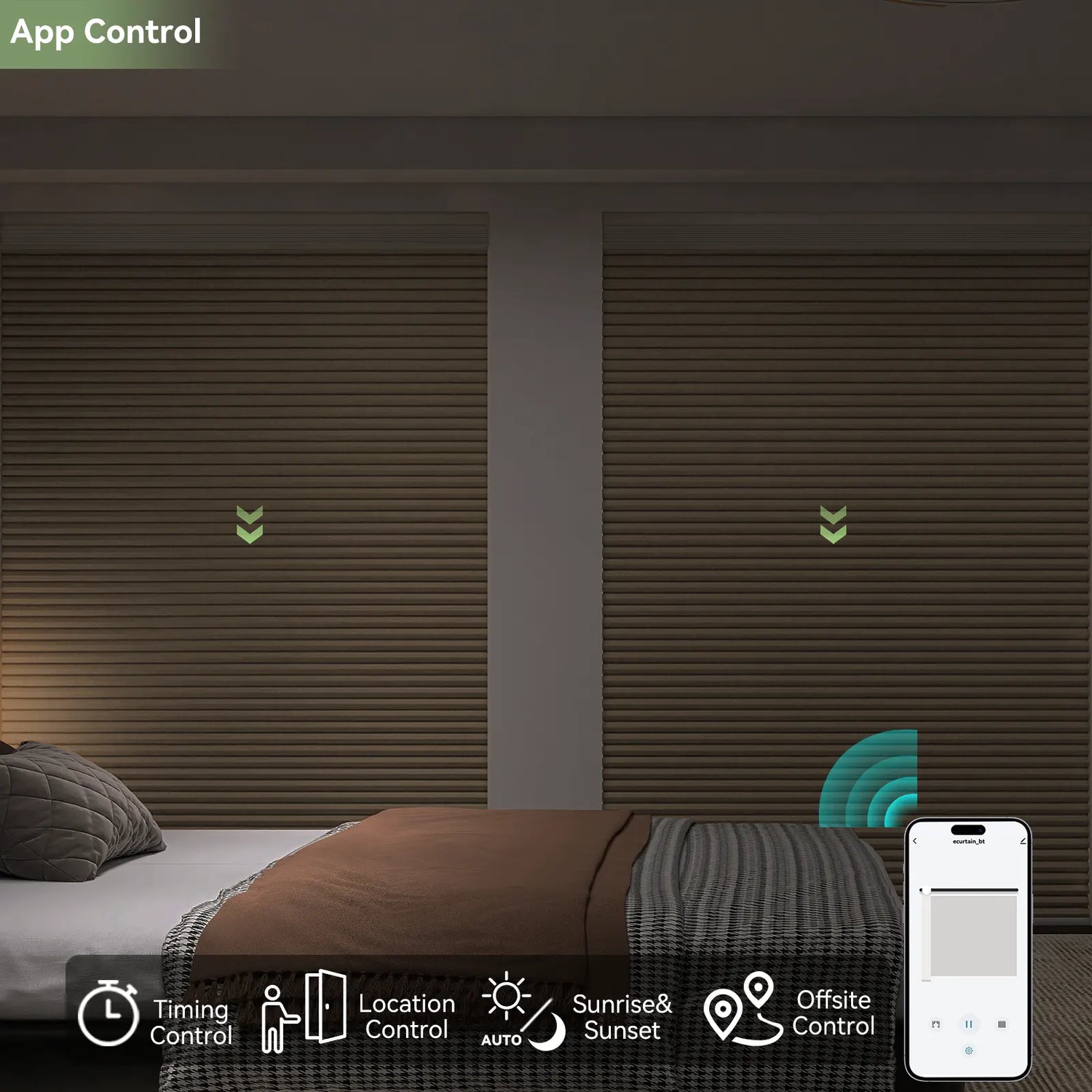 Smartphone displaying app interface controlling bedroom shades