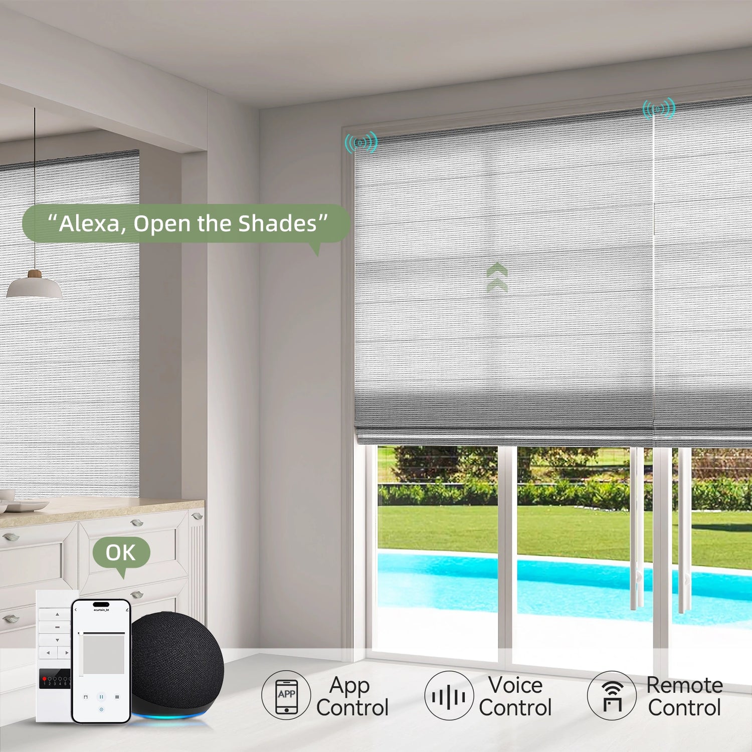 Mobile app control for motorized Roman shades in a living room