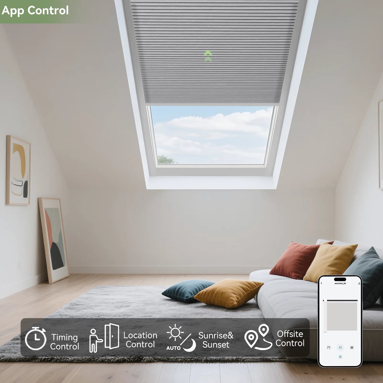 Smartphone displaying skylight shade control app in home office
