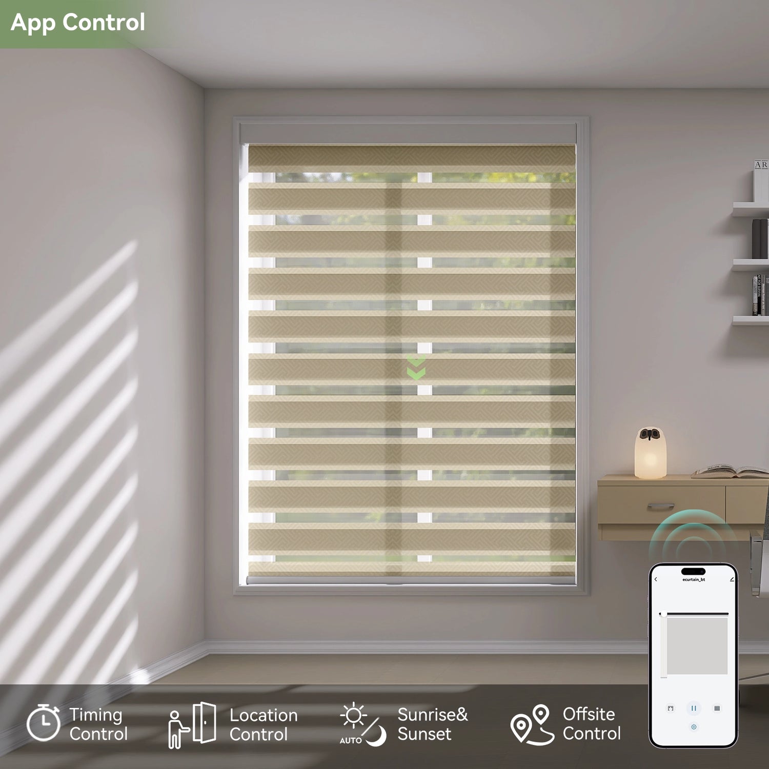 App-controlled geometric zebra shades in home office