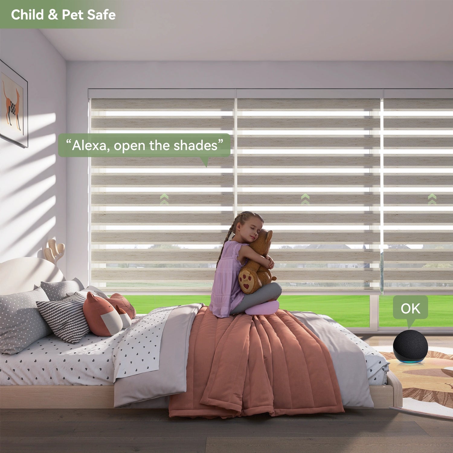 Bedroom featuring child-safe cordless motorized zebra shades