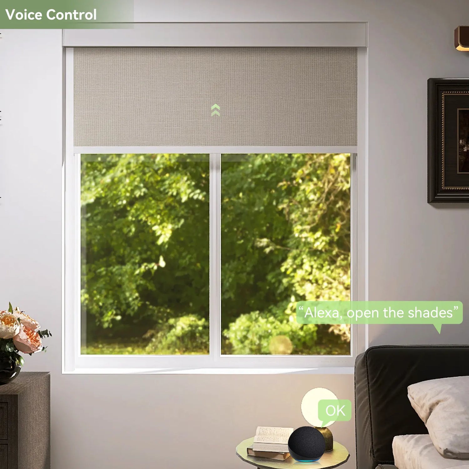 Family using voice to close ZSTARR Roller Shades in a bedroom