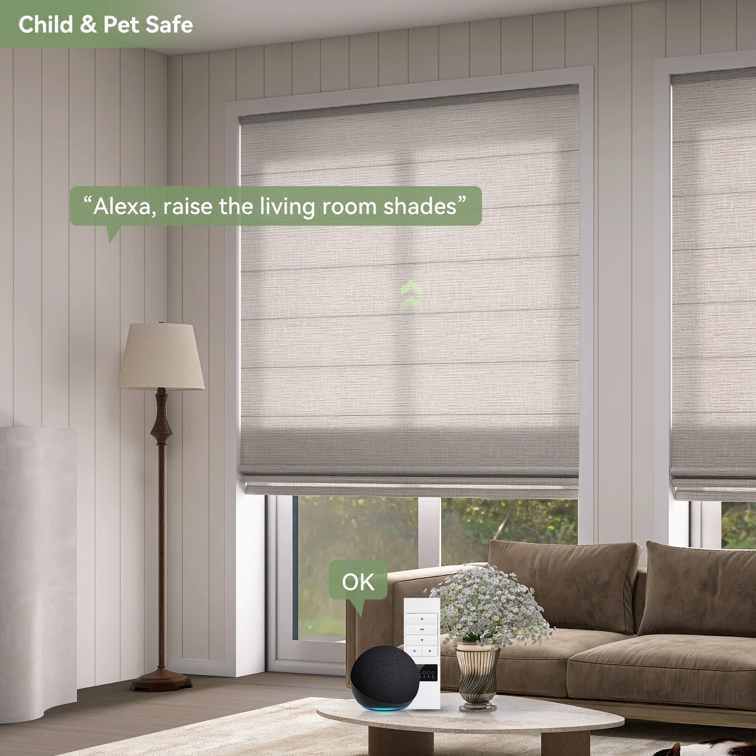Living room with child-safe cordless Roman shades