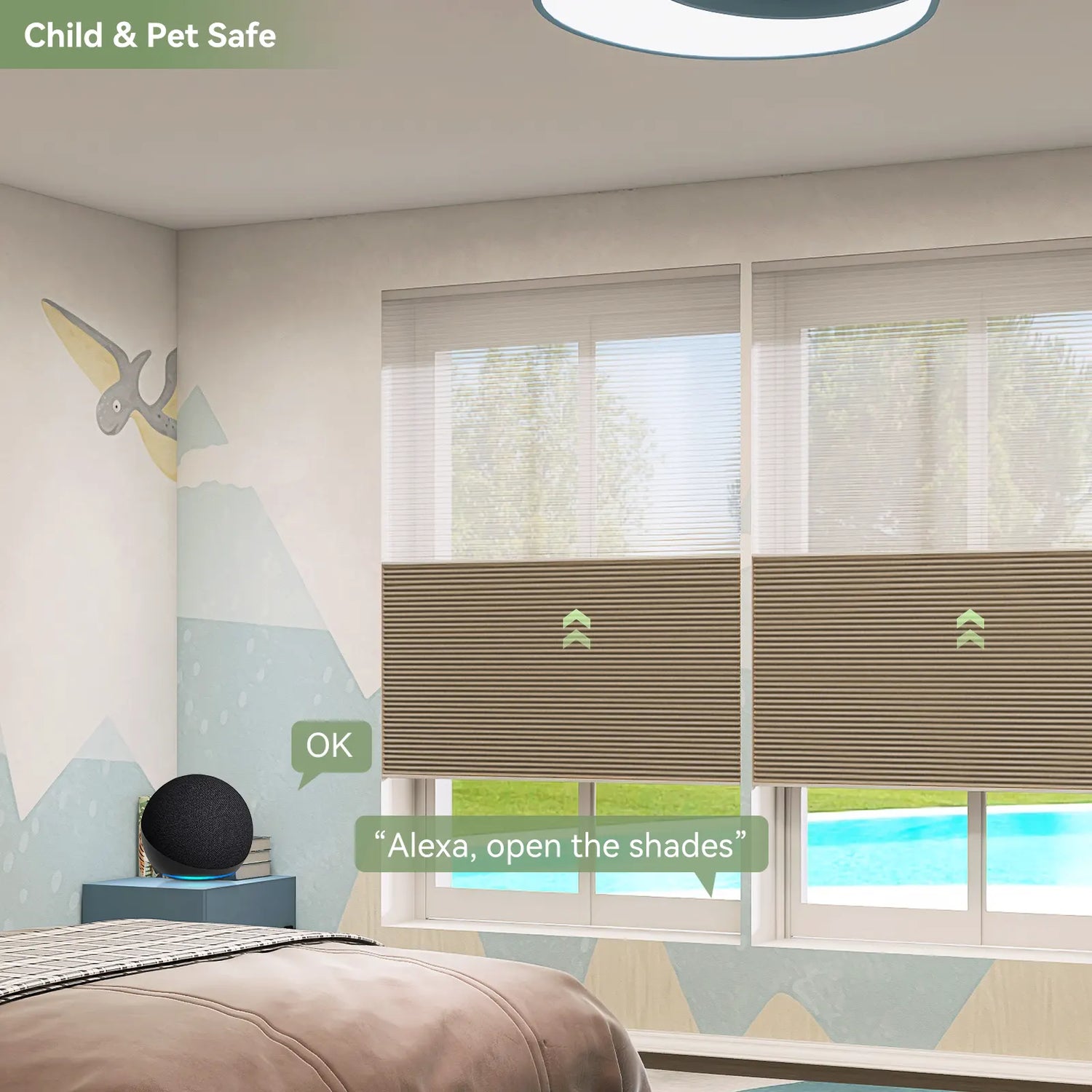 Child playing safely near cordless shades in a bedroom