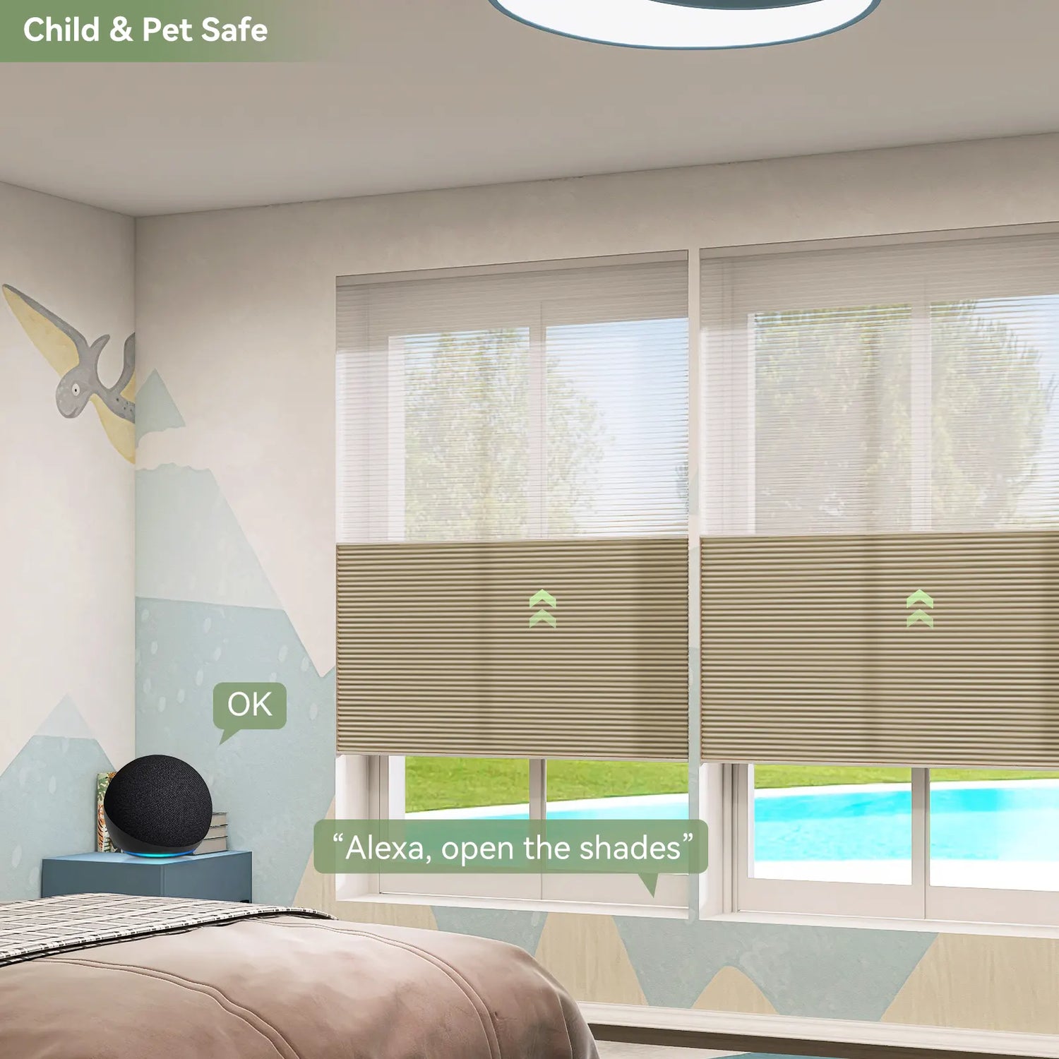 Child playing safely near cordless bedroom shades