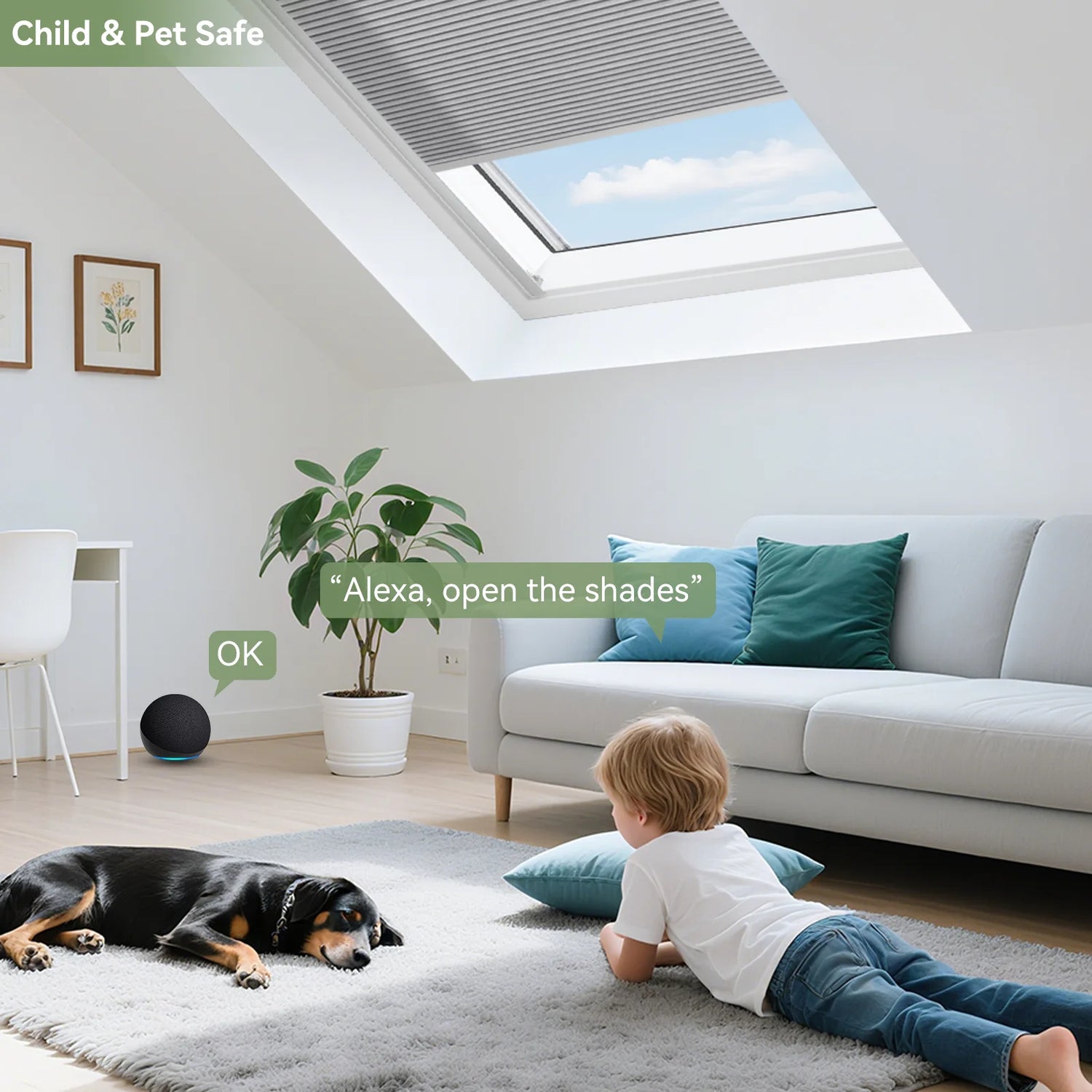 Child-safe cordless skylight shade in family home office