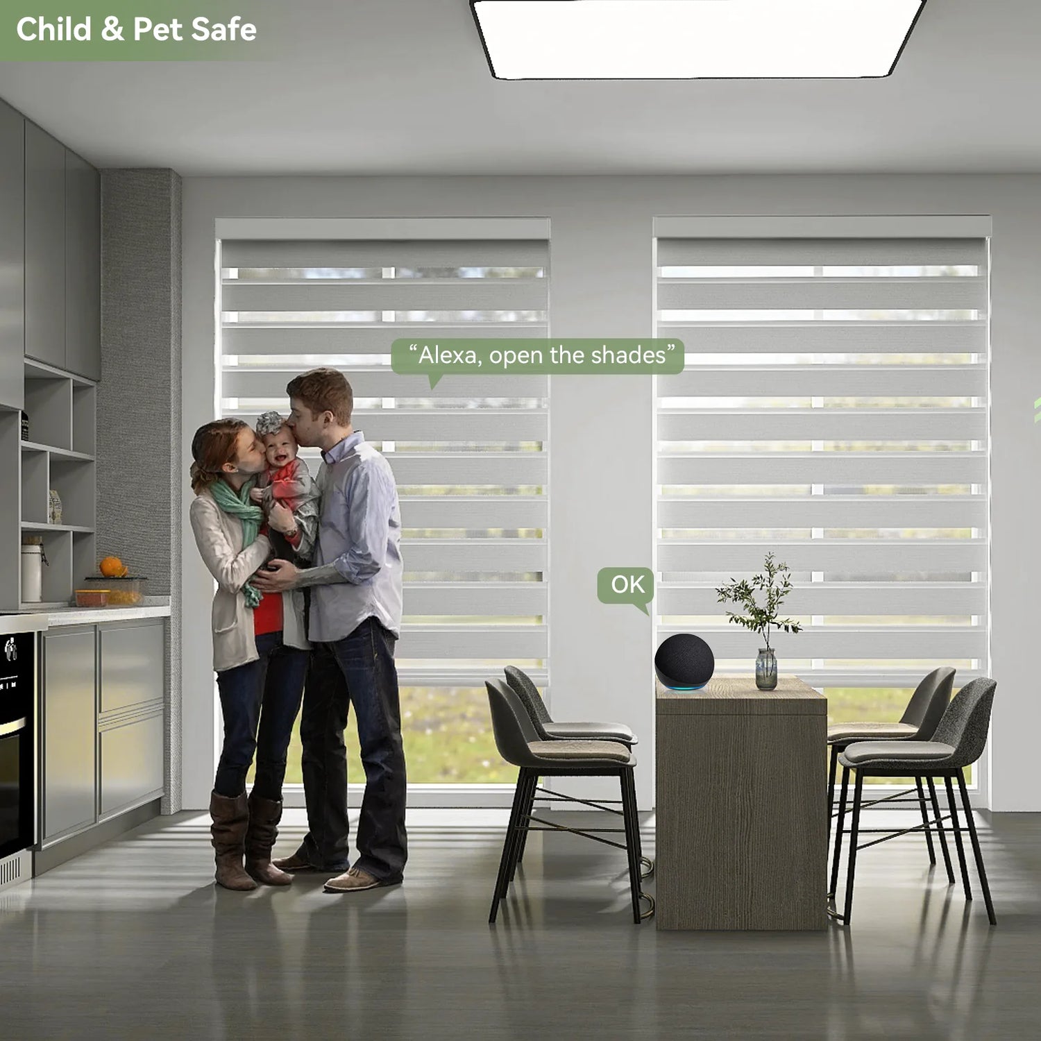Cordless zebra shades in a family-friendly dining room