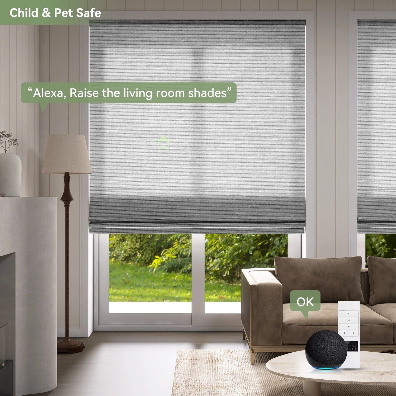 Child-safe motorized Roman shades in a living room