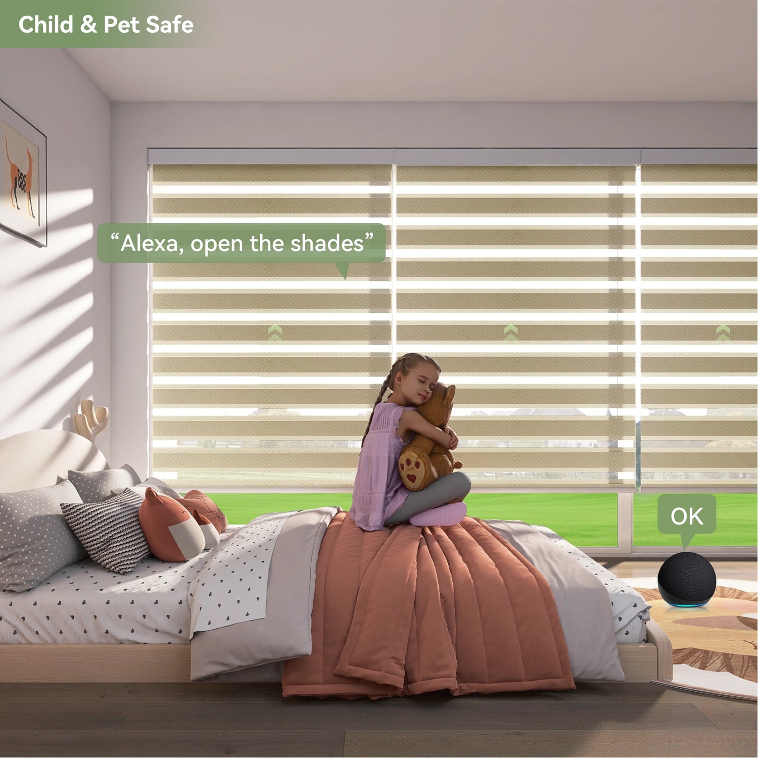 Cordless geometric zebra shades in child-safe bedroom