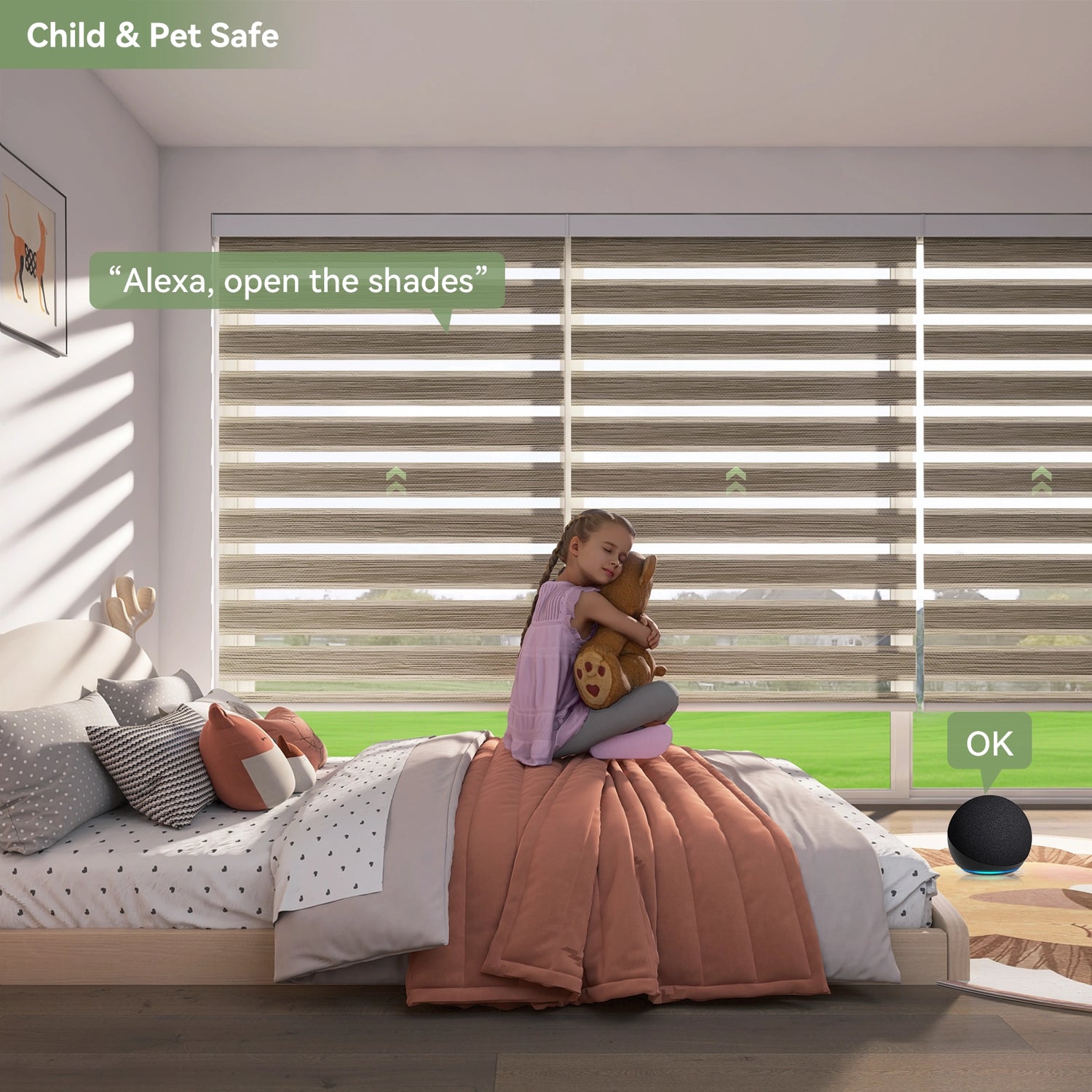 Cordless motorized zebra shades in a child-safe bedroom