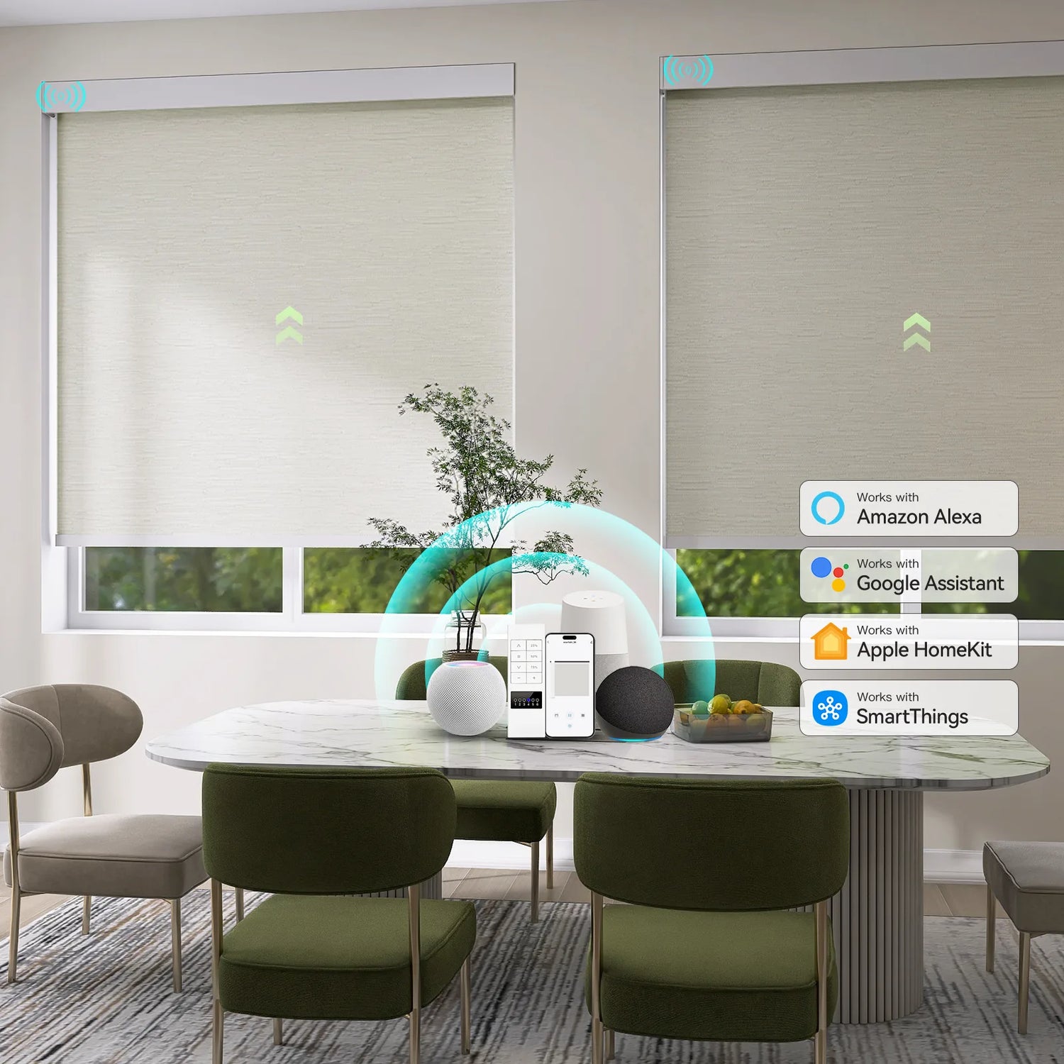 Motorized Blackout Roller Shades in a modern dining room with sunlight control