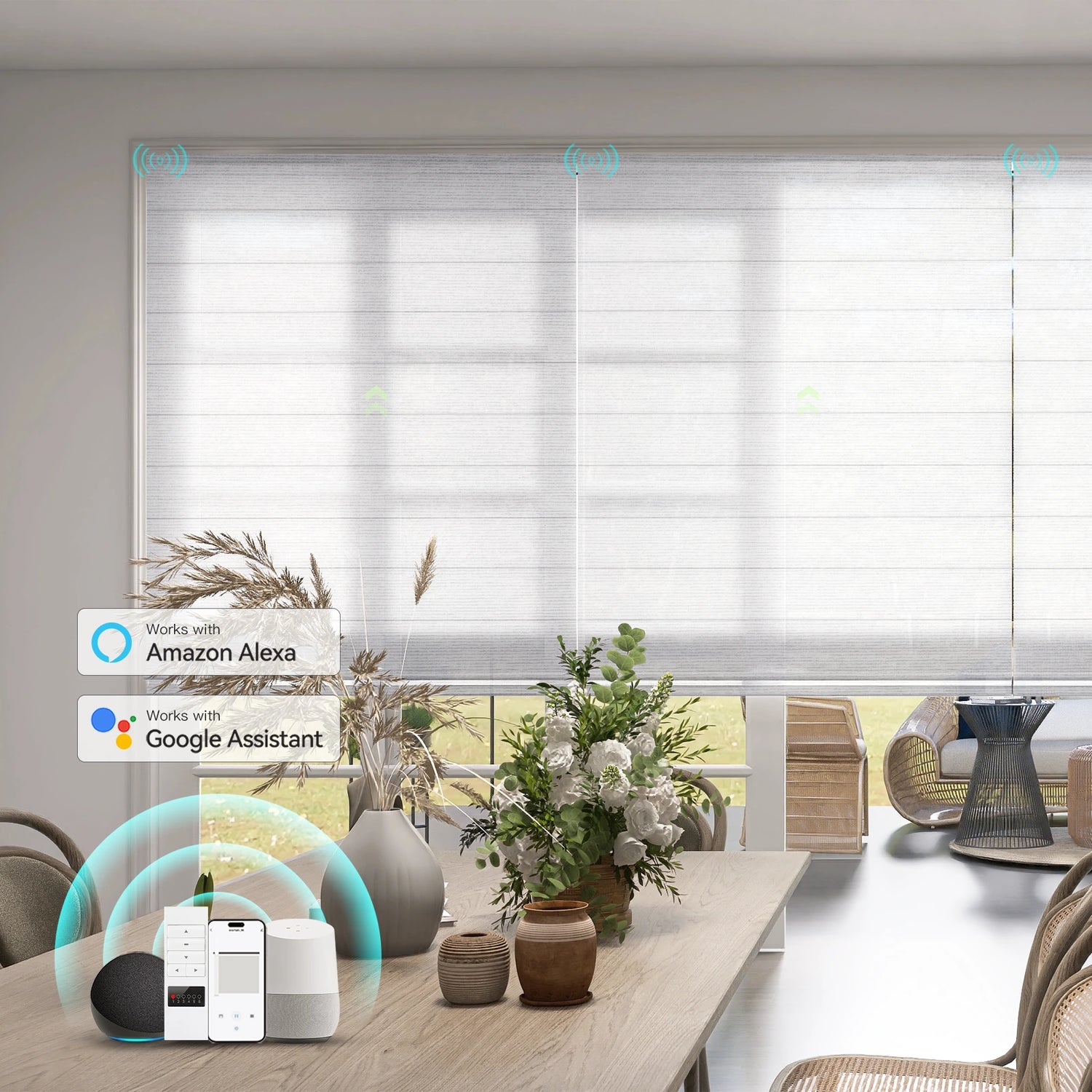 Motorized Roman Shades in a modern living room