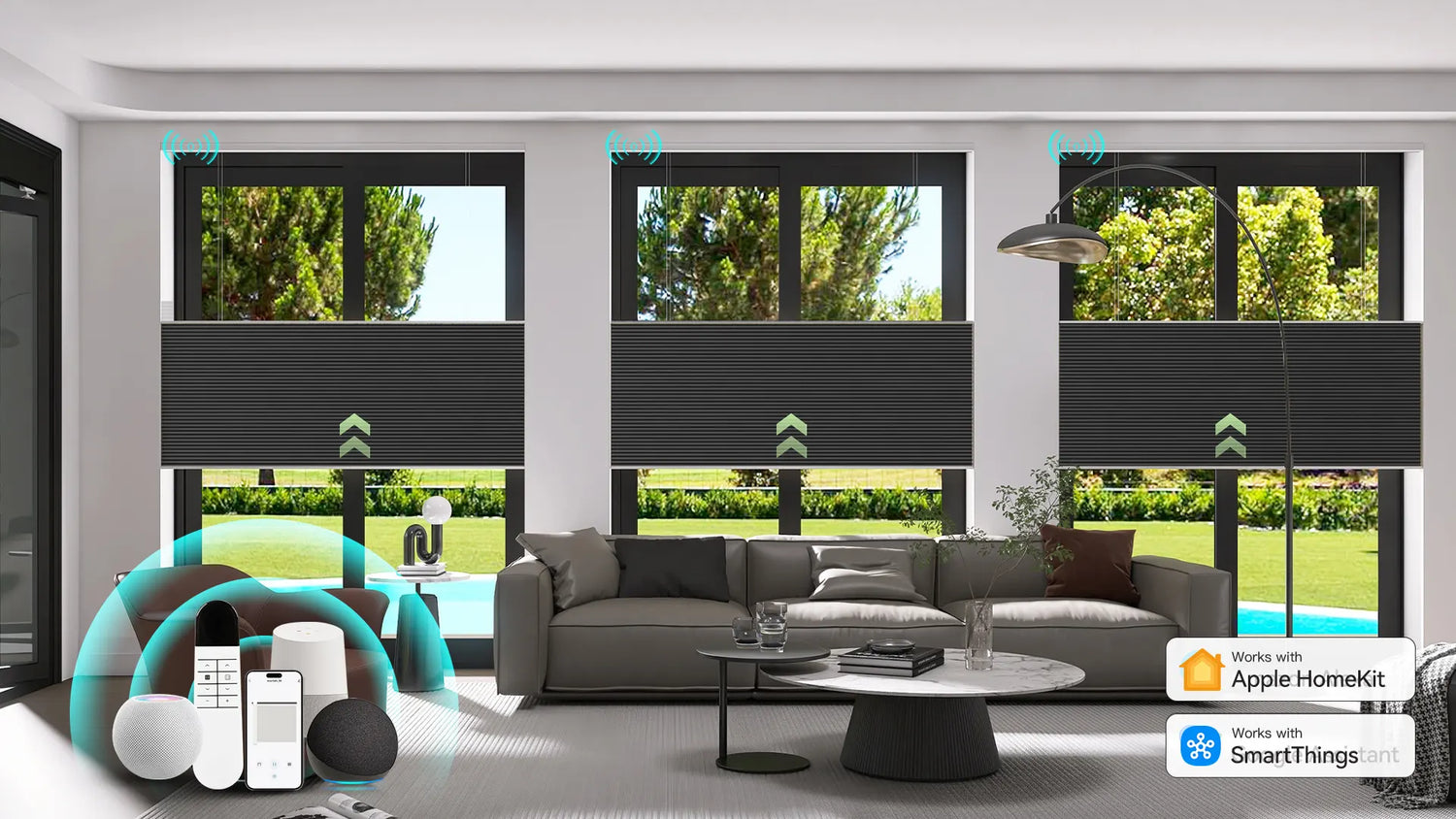 Motorized Blackout Top Down Bottom Up Cellular Shades in modern living room