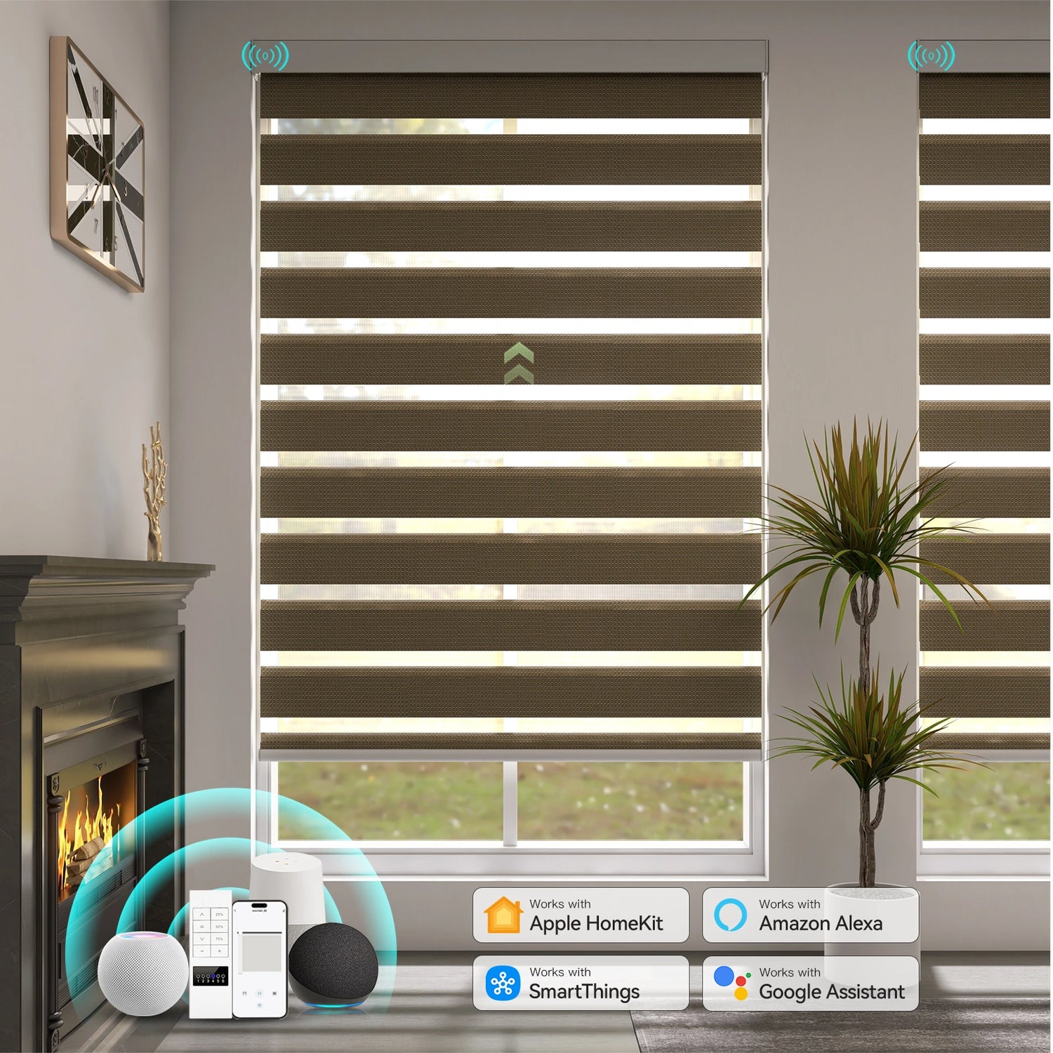 Motorized Room Darkening Zebra Shades installed in a modern home office