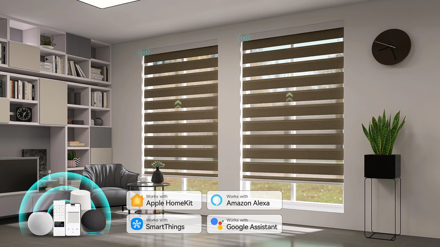 Motorized Room Darkening Zebra Shades installed in a modern home office