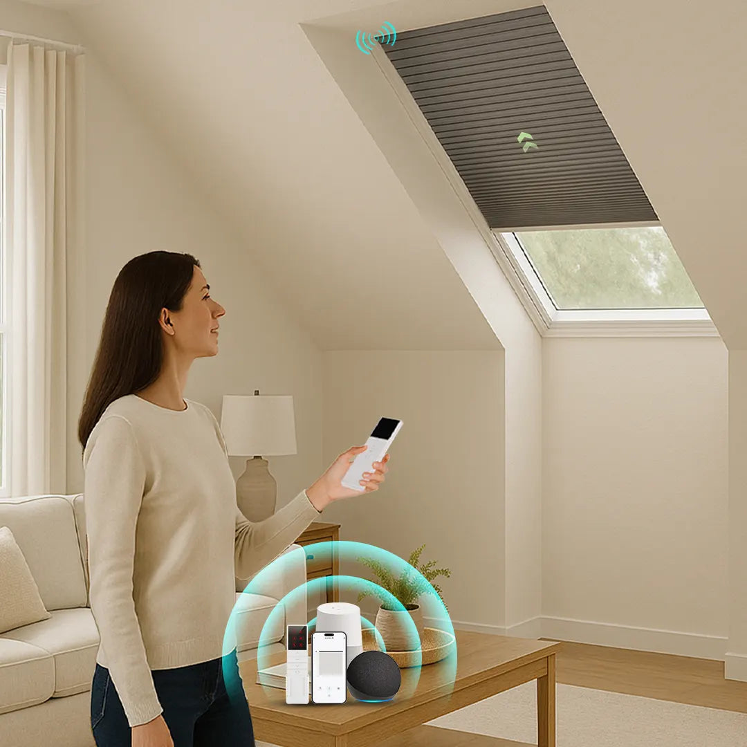 Woman using remote to control ZSTARR motorized skylight shades in living room, with Alexa, Google Home, and smartphone app shown.
