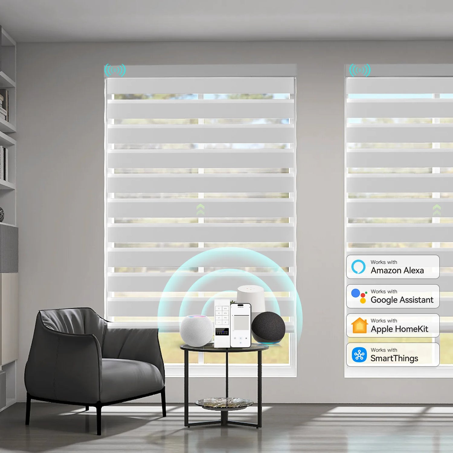 Motorized Zebra Shades in home office with sheer and opaque stripes