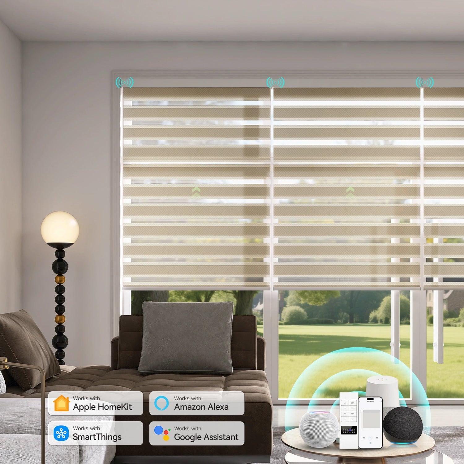 Motorized zebra shades with geometric pattern in a sunlit living room