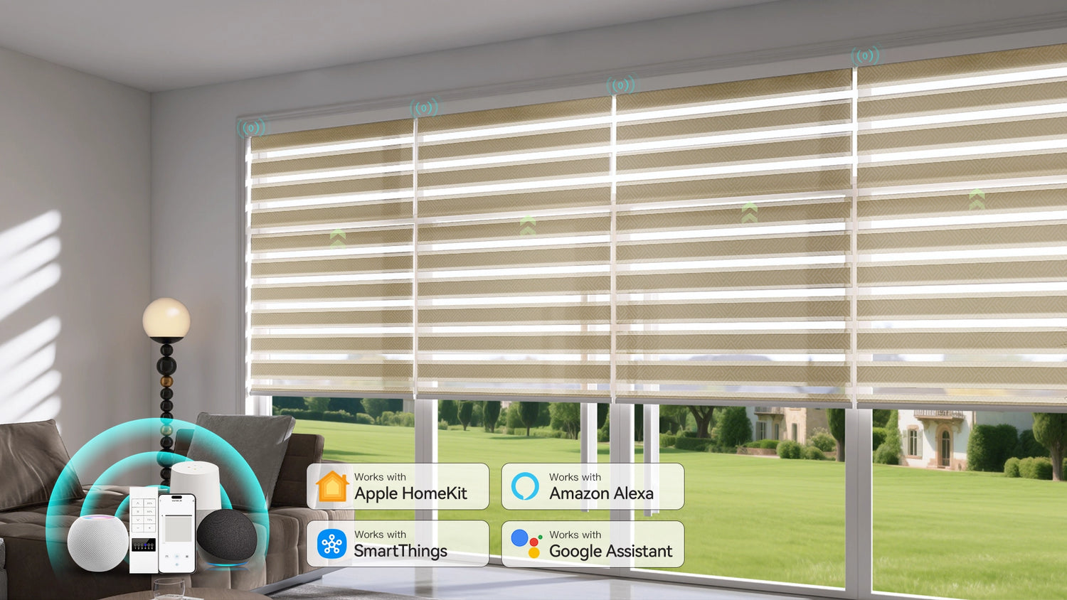 Motorized zebra shades with geometric pattern in a sunlit living room