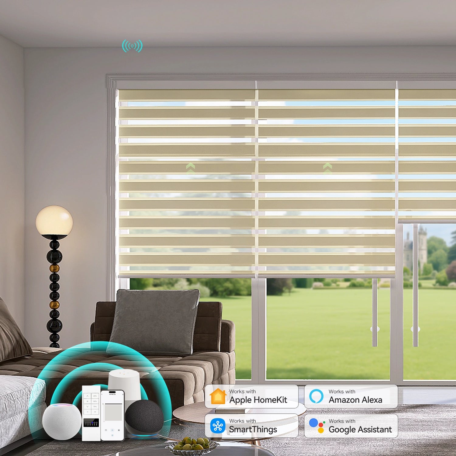 Motorized zebra shades in 70% blackout fabric installed in a contemporary living room