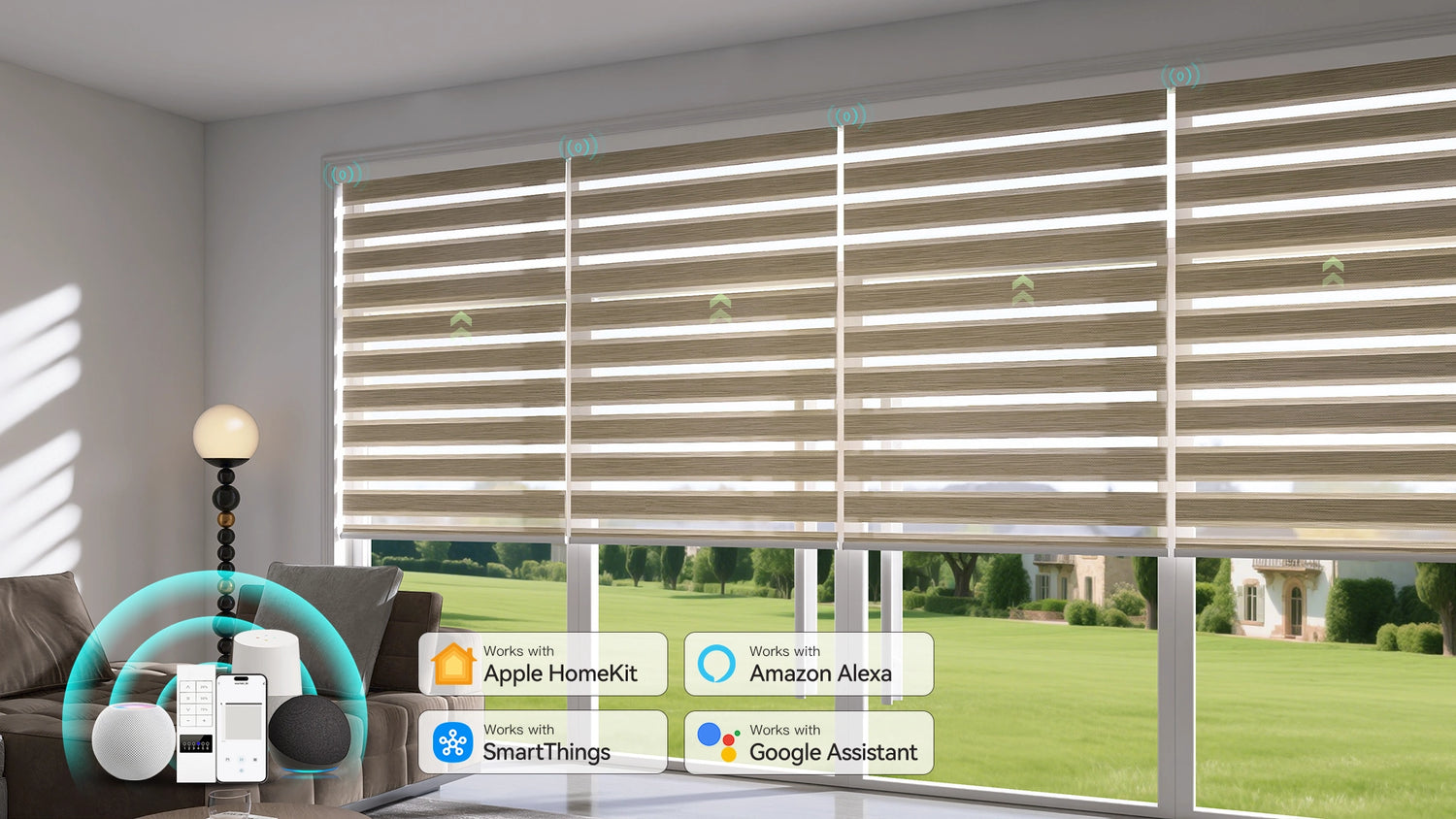 Motorized zebra shades in 70% blackout linen fabric installed in a bright living room