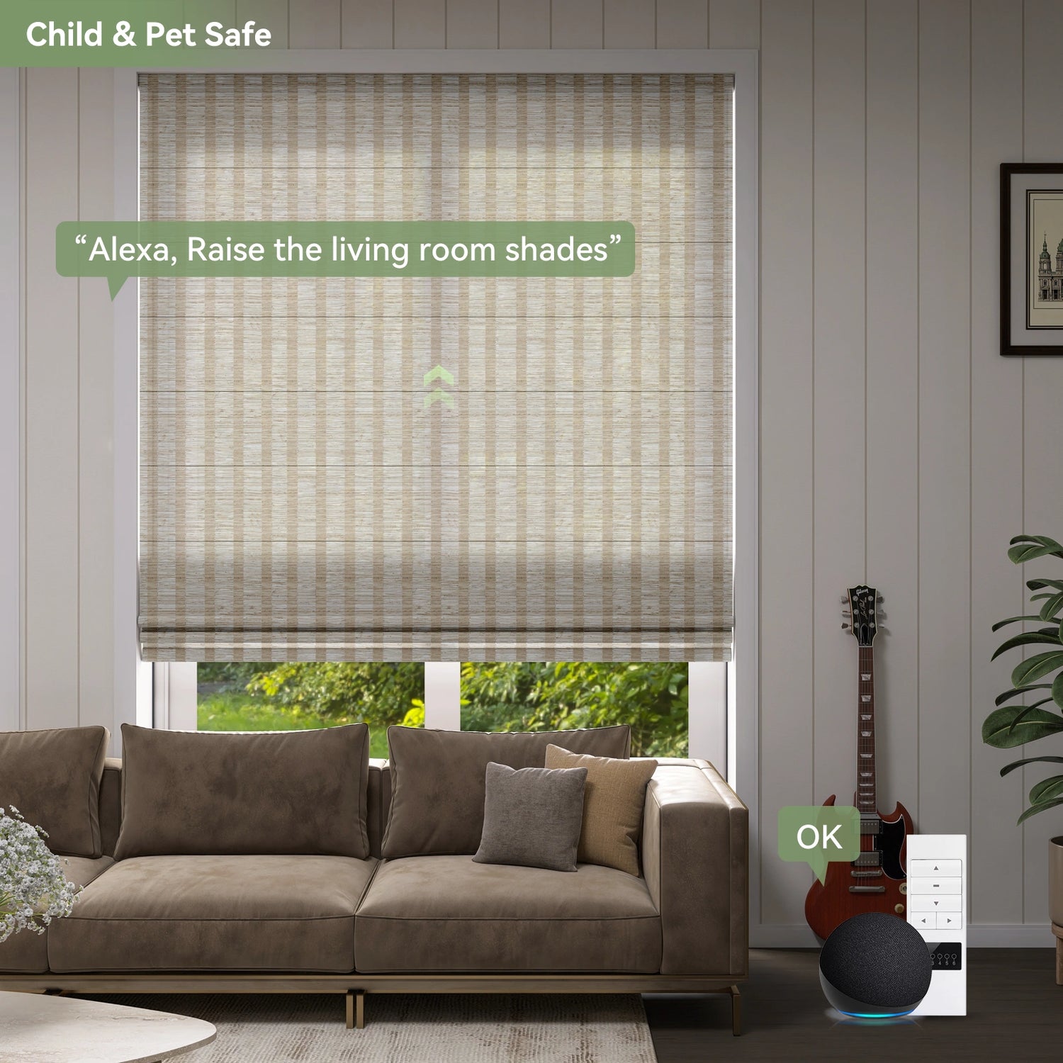 Child-safe motorized Roman shades in a family living room.