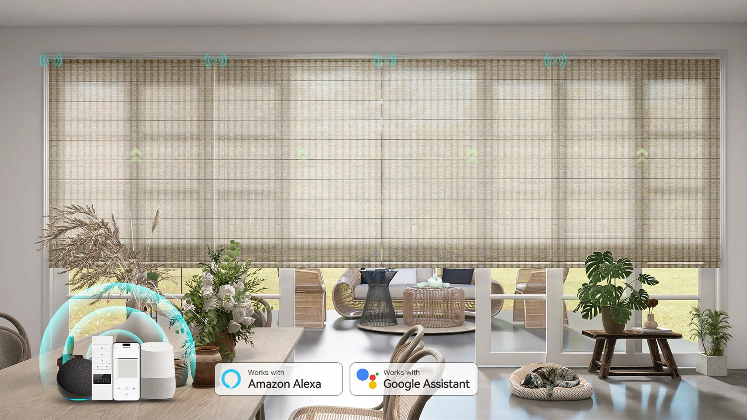 Modern living room with motorized Roman shades for light control and privacy.