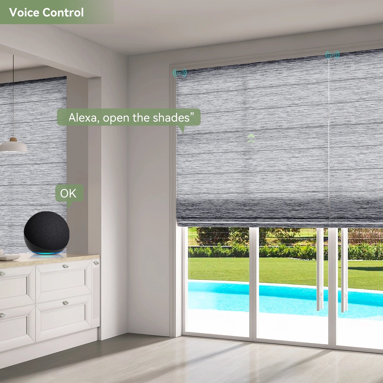 Voice-controlled Roman shades in a dining room setting.
