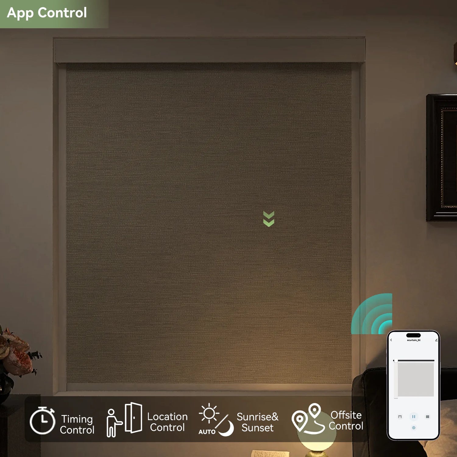 Controlling blackout roller shades via smartphone app in modern bedroom