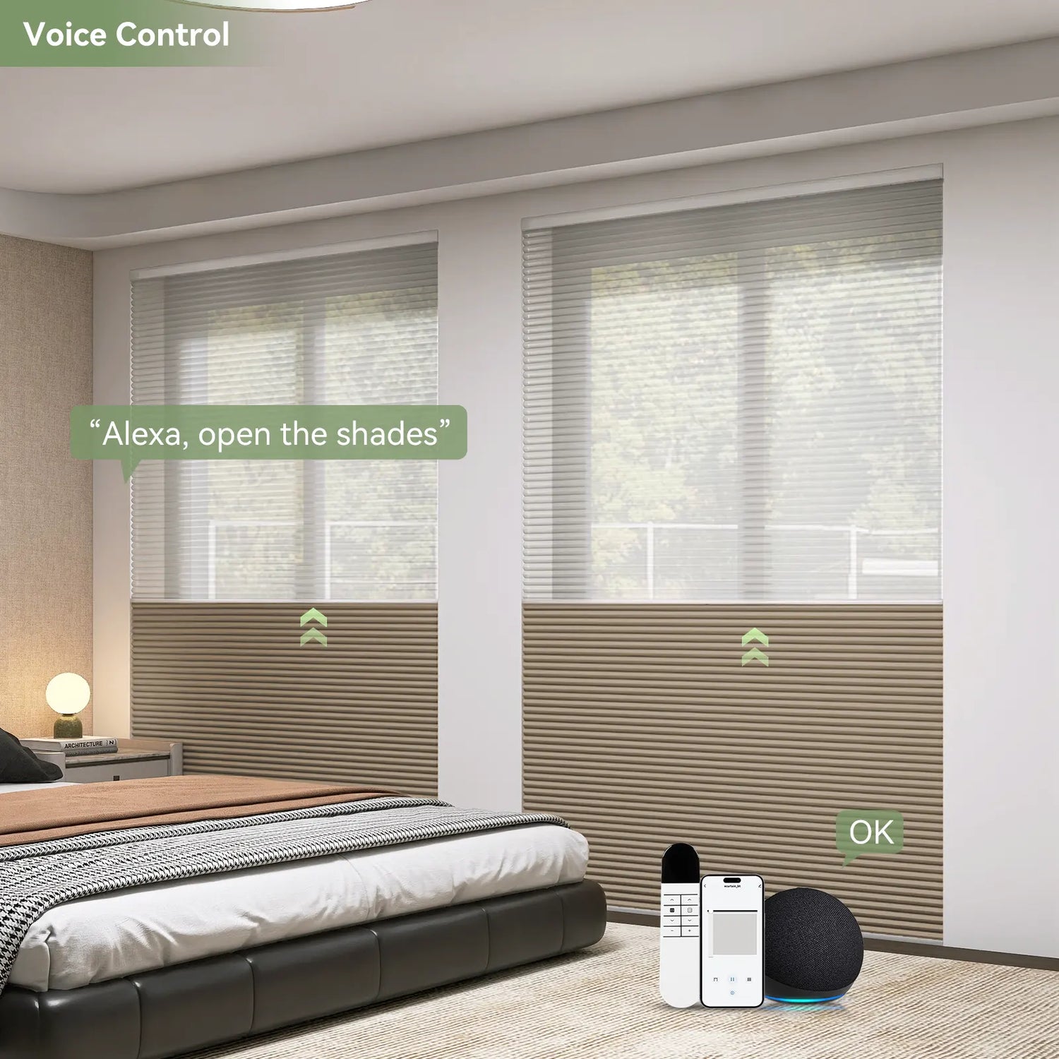 Using voice command to control shades in a bedroom
