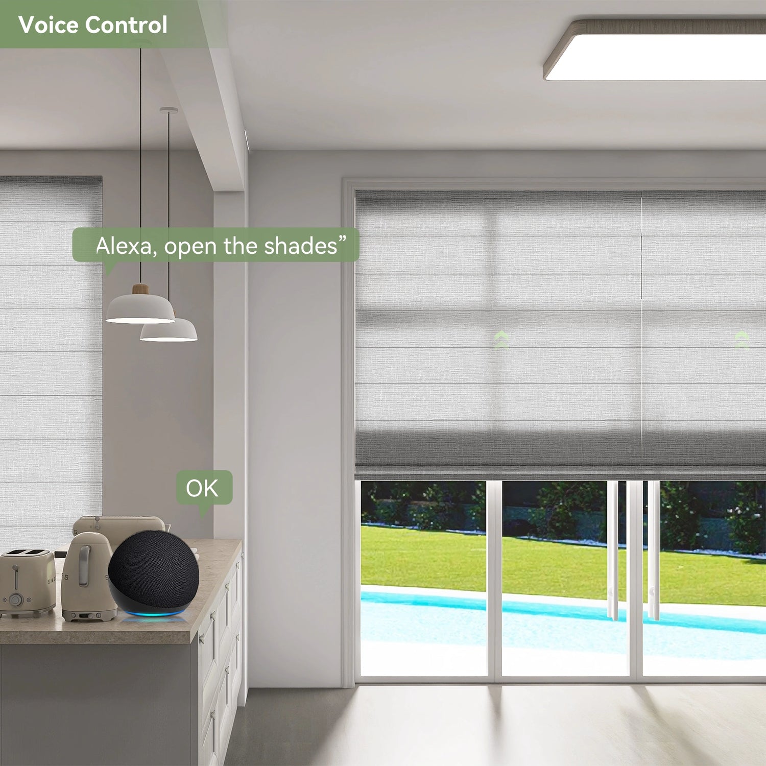 Dining room with voice-controlled motorized Roman shades