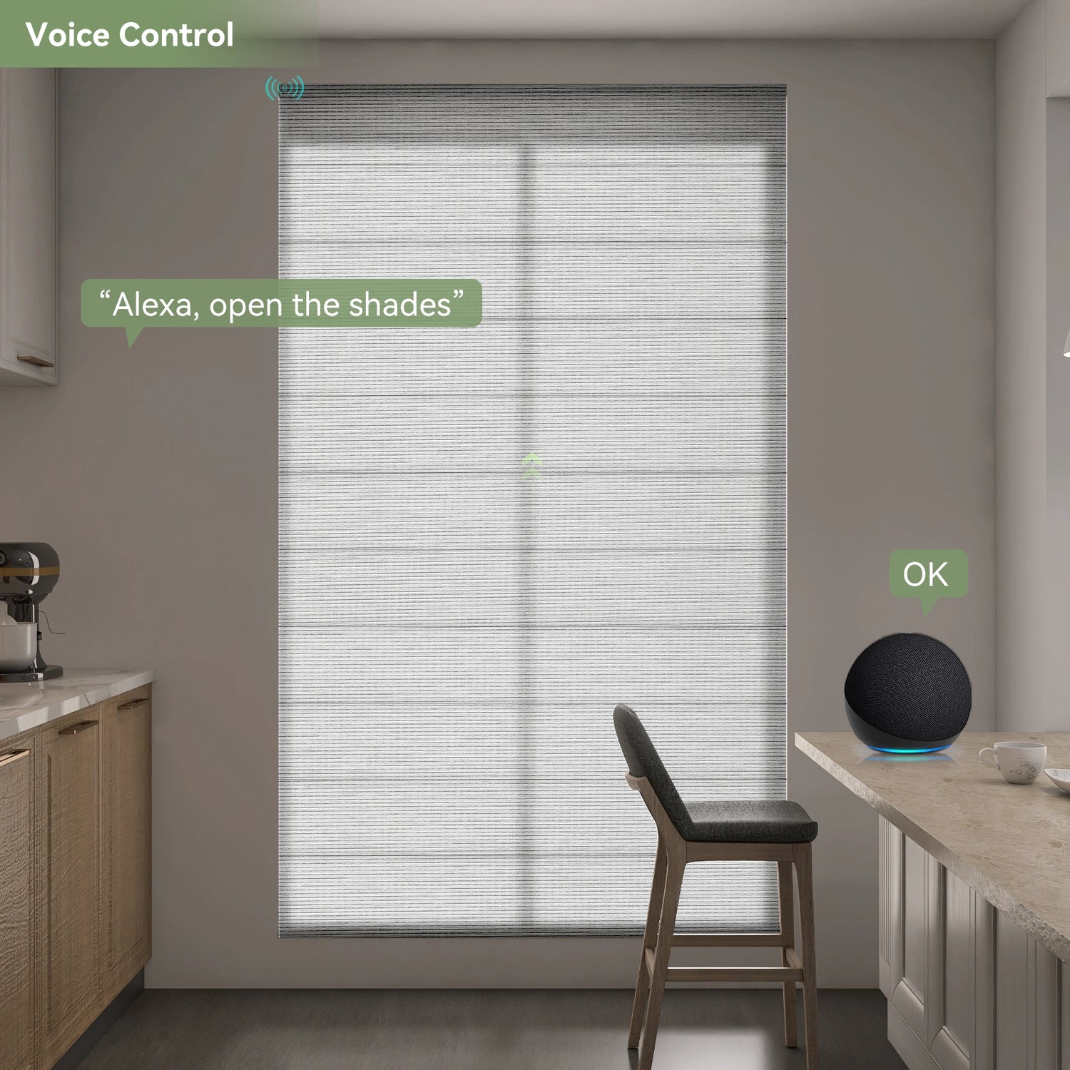 Voice-controlled Roman shades in a dining room