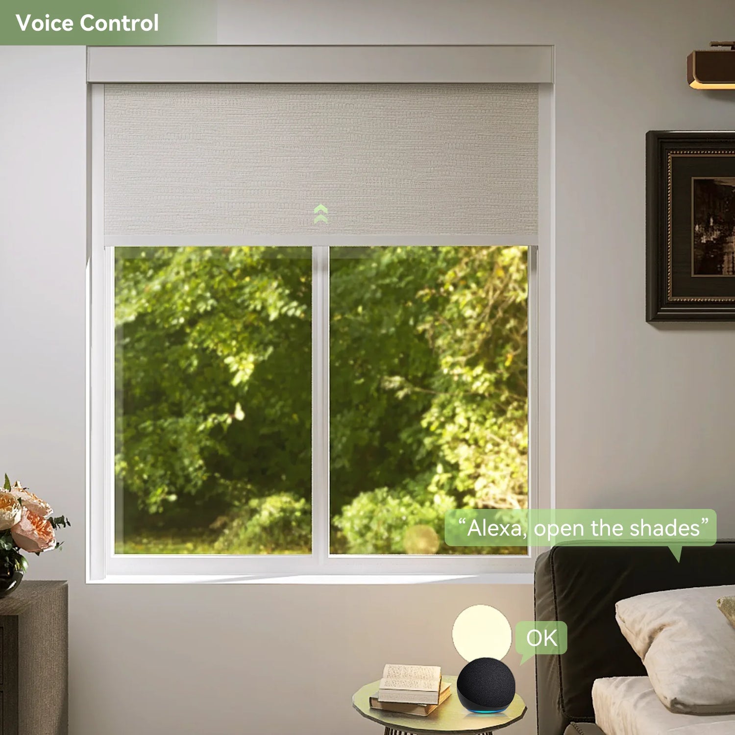 Voice-controlled blackout roller shades in bedroom with Alexa