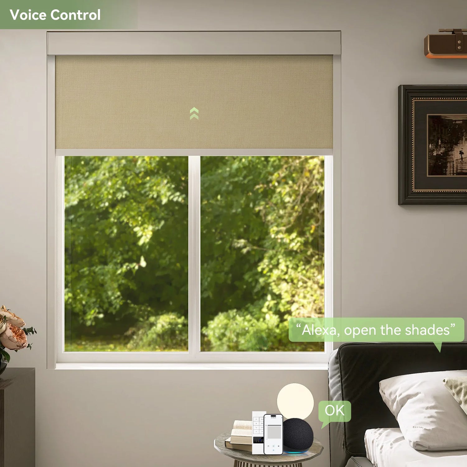 Bedroom roller shades responding to Alexa voice command