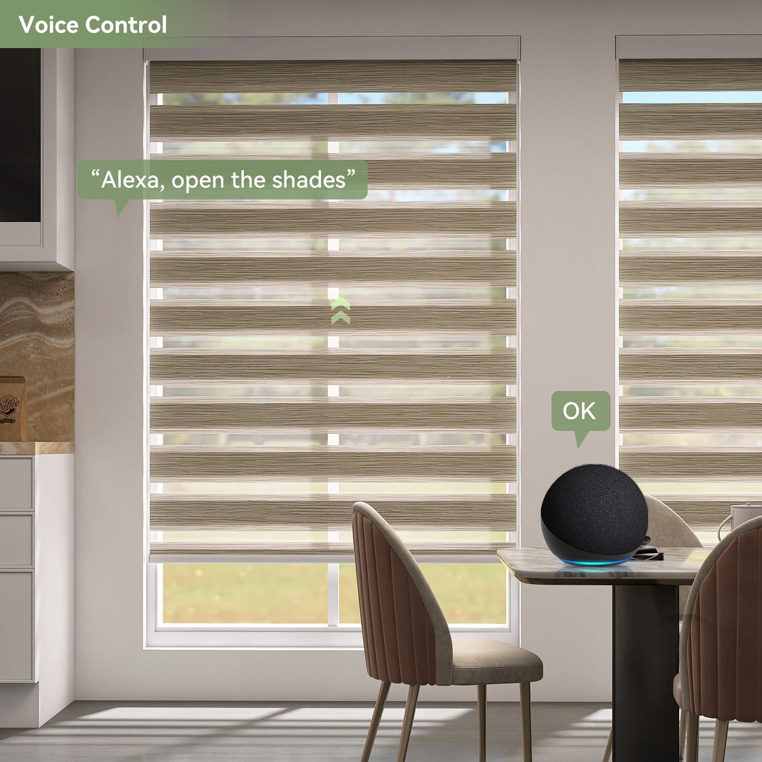 Smart voice-controlled zebra shades in a modern dining room