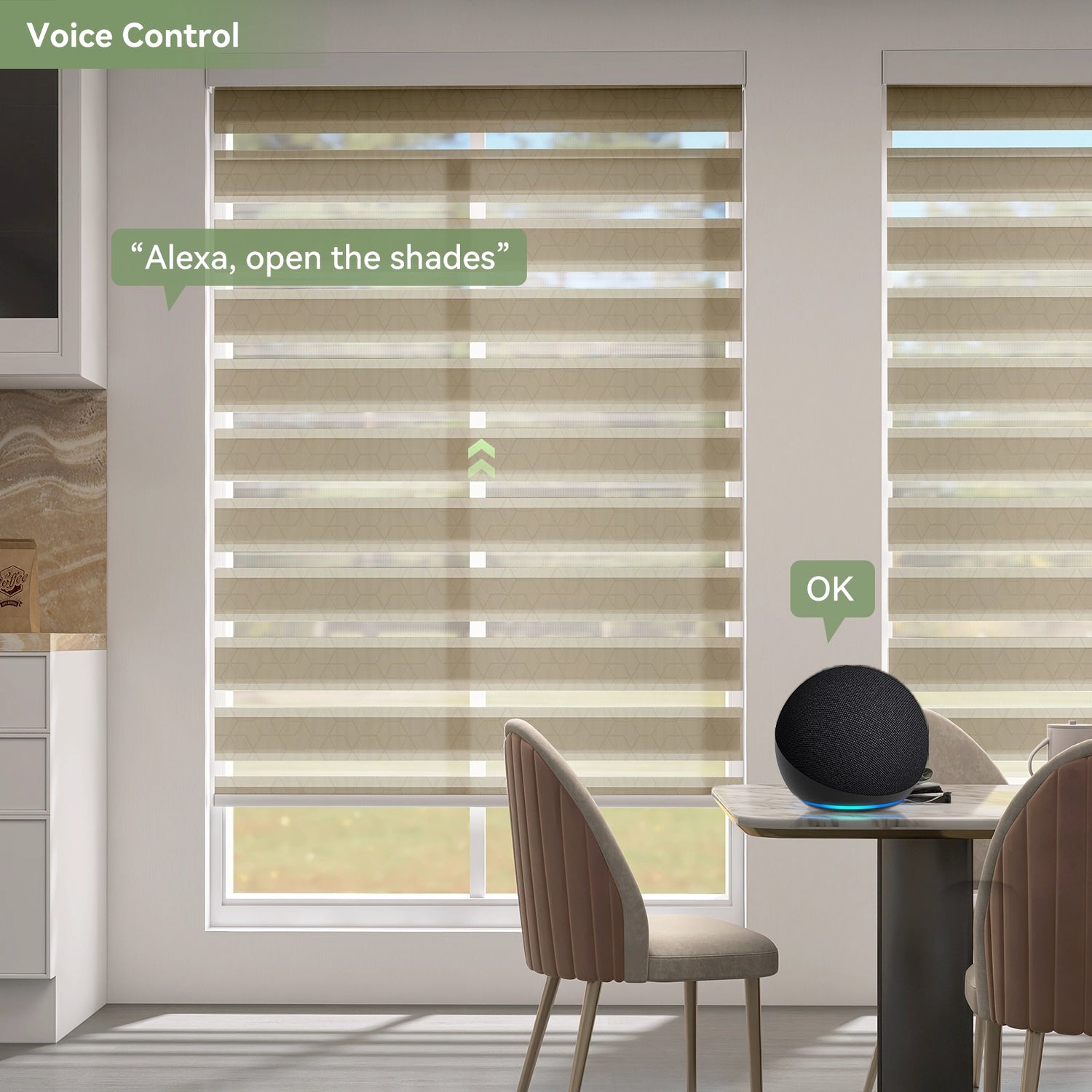 Voice-controlled geometric zebra shades in dining room