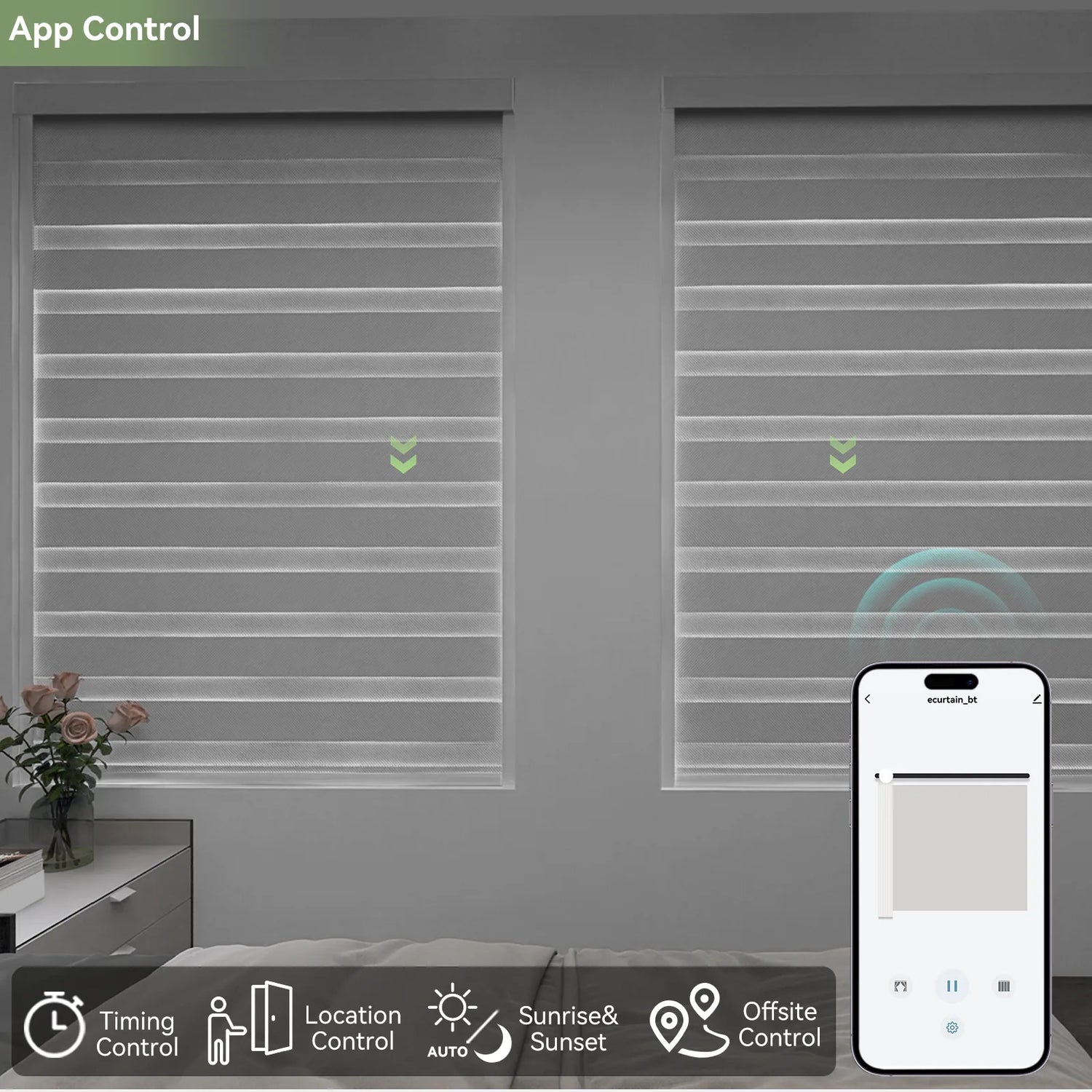 Motorized zebra shades controlled through mobile app in a bedroom setting