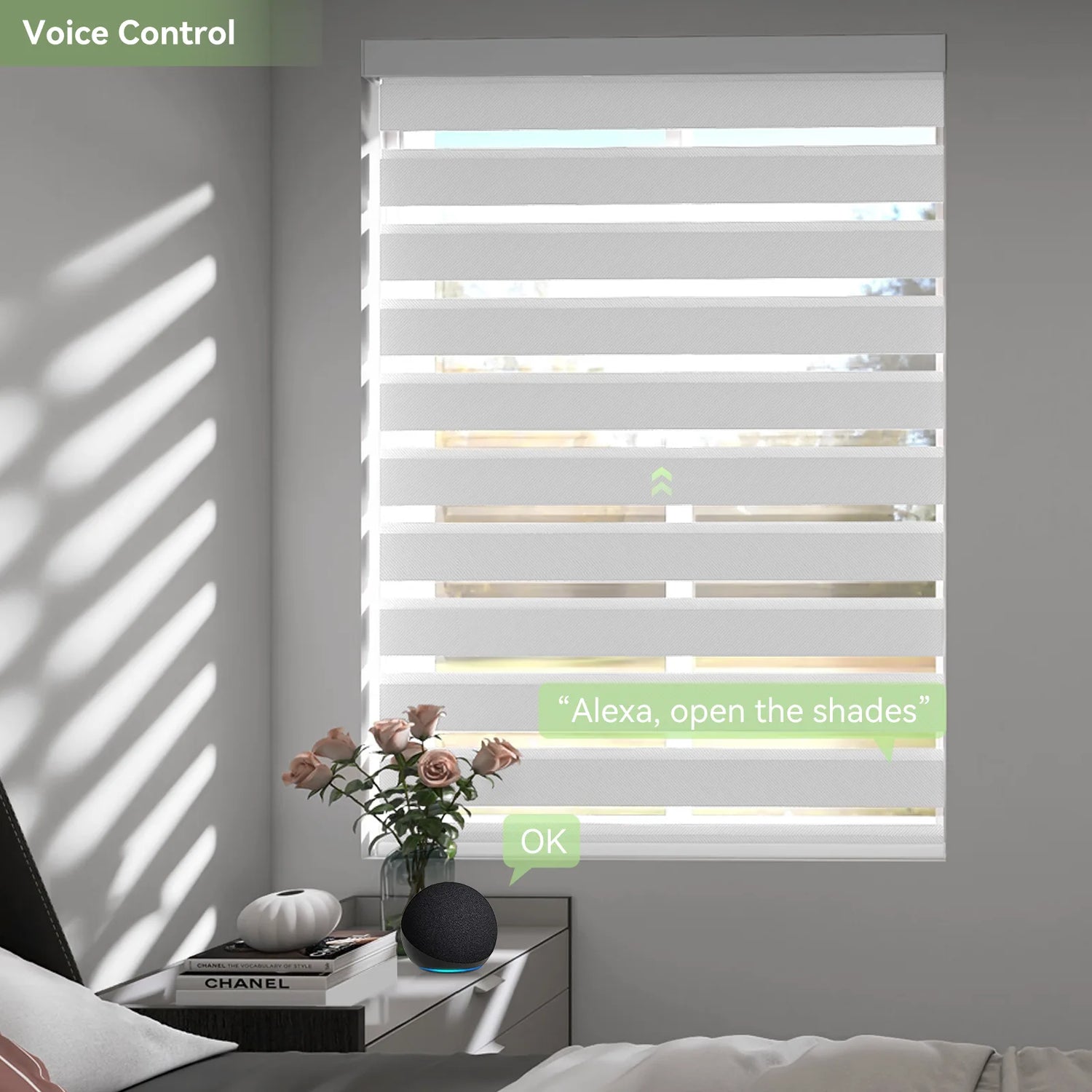 Voice-controlled motorized zebra shades in a modern bedroom