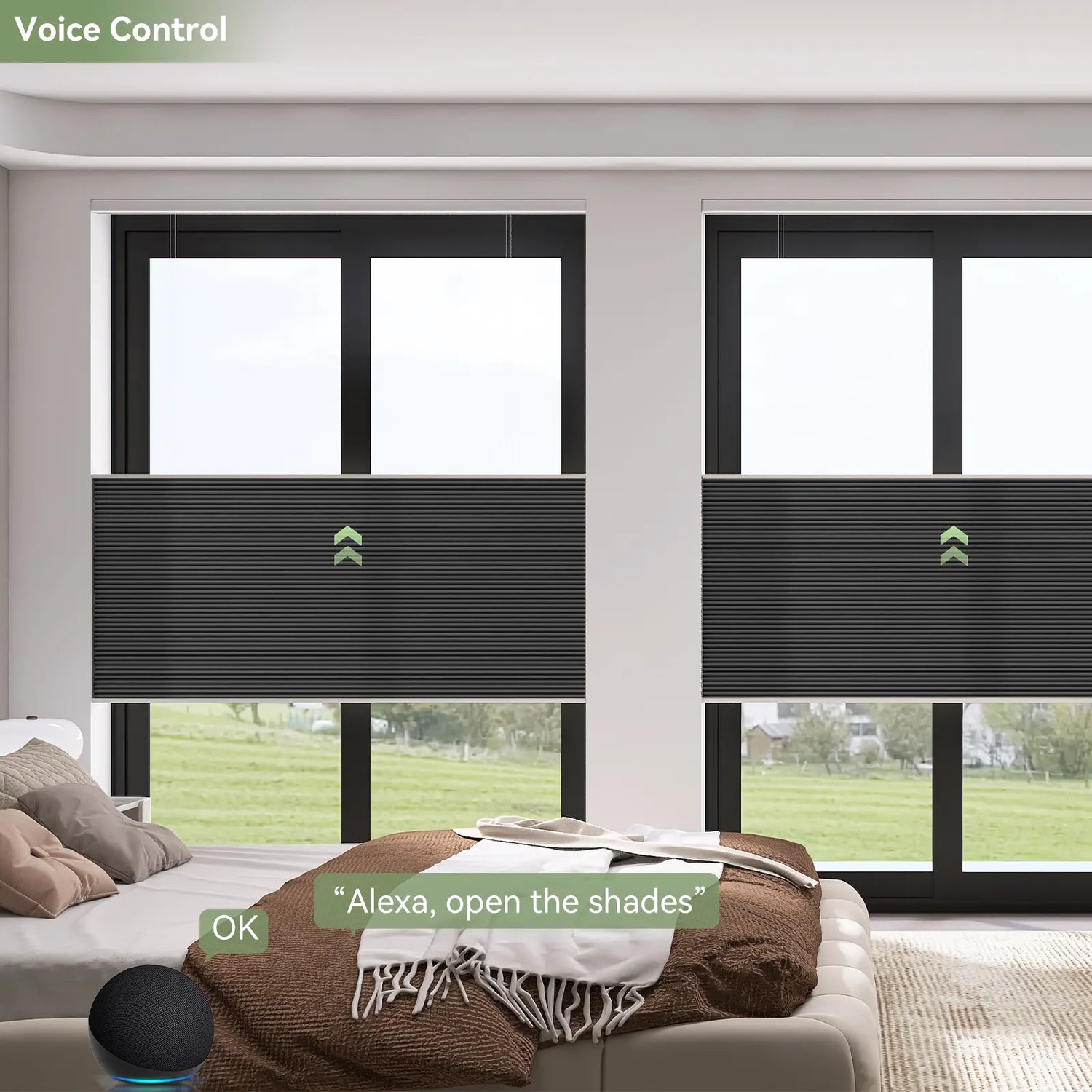 Using voice command to control ZSTARR shades in bedroom