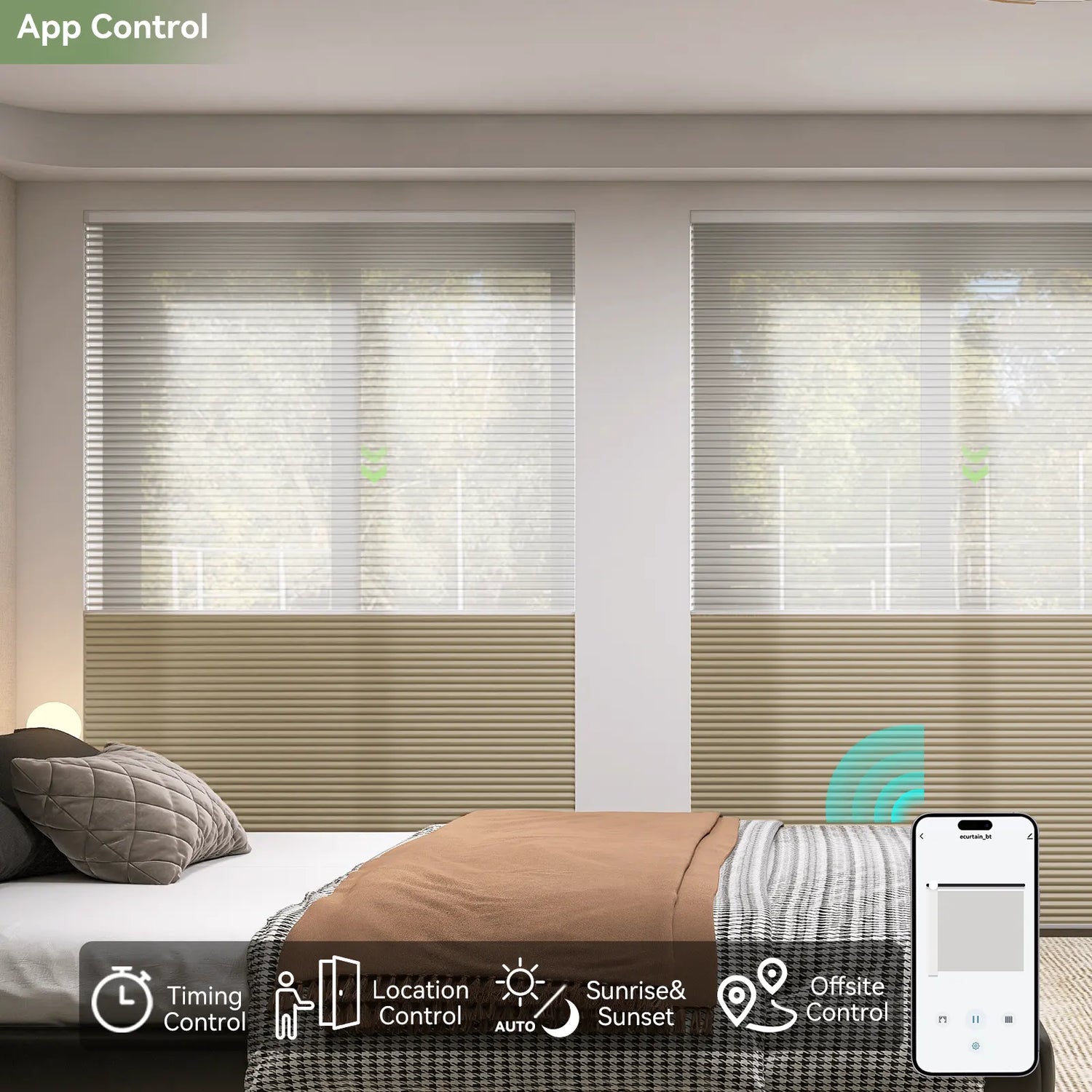 Smartphone displaying shade control app in a bedroom setting