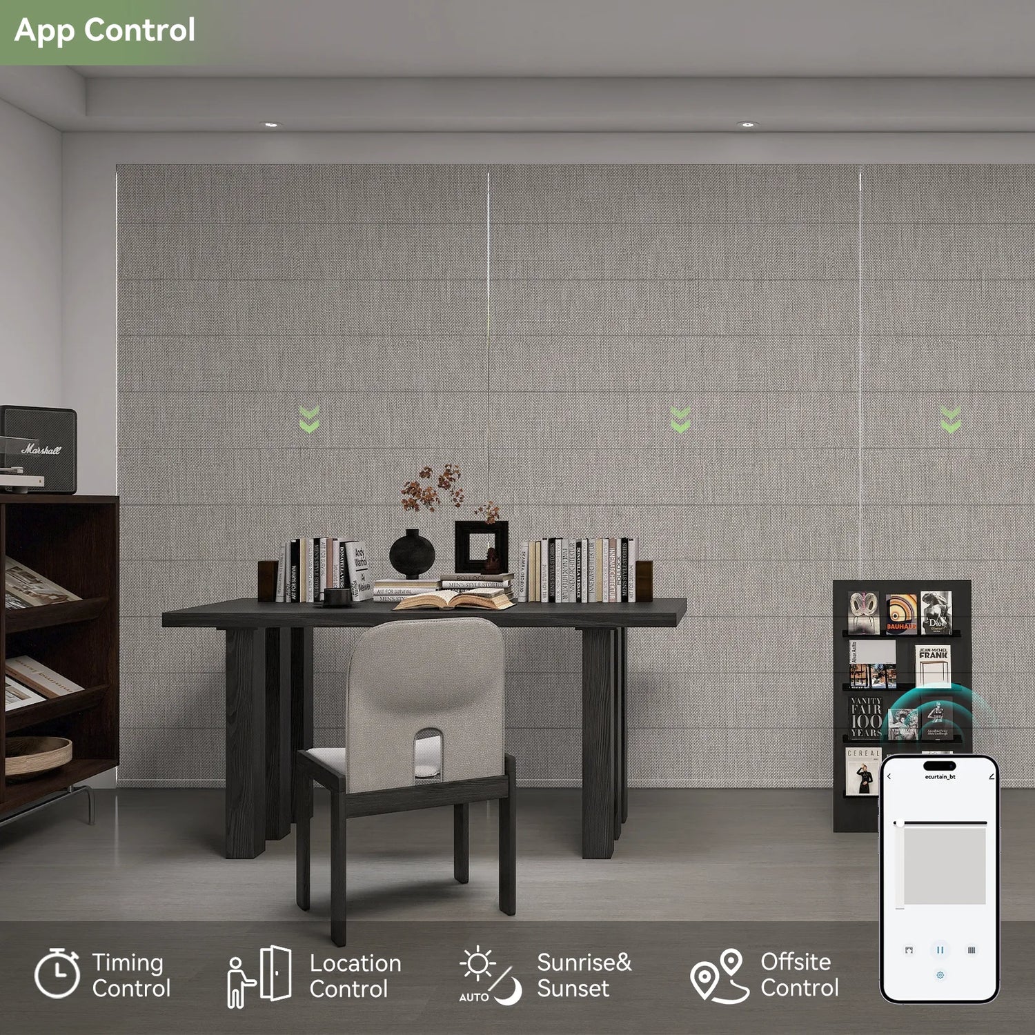 Smartphone app controlling Roman shades in a home office