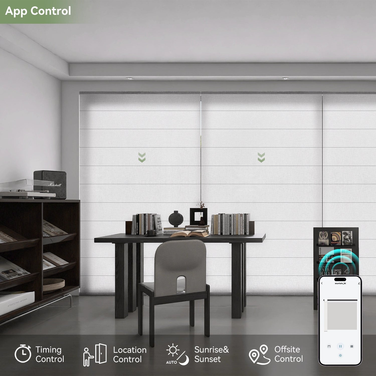 Home office with smartphone-controlled Roman shades