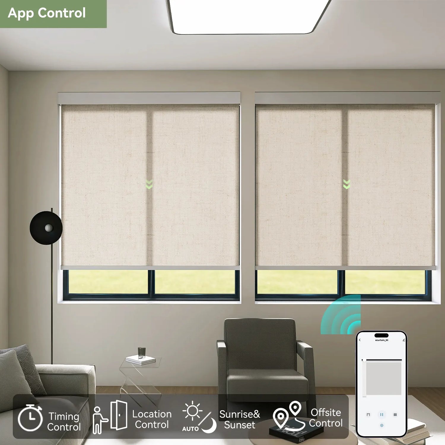 ZSTARR Motorized Roller Shades Mobile App Control in Living Room