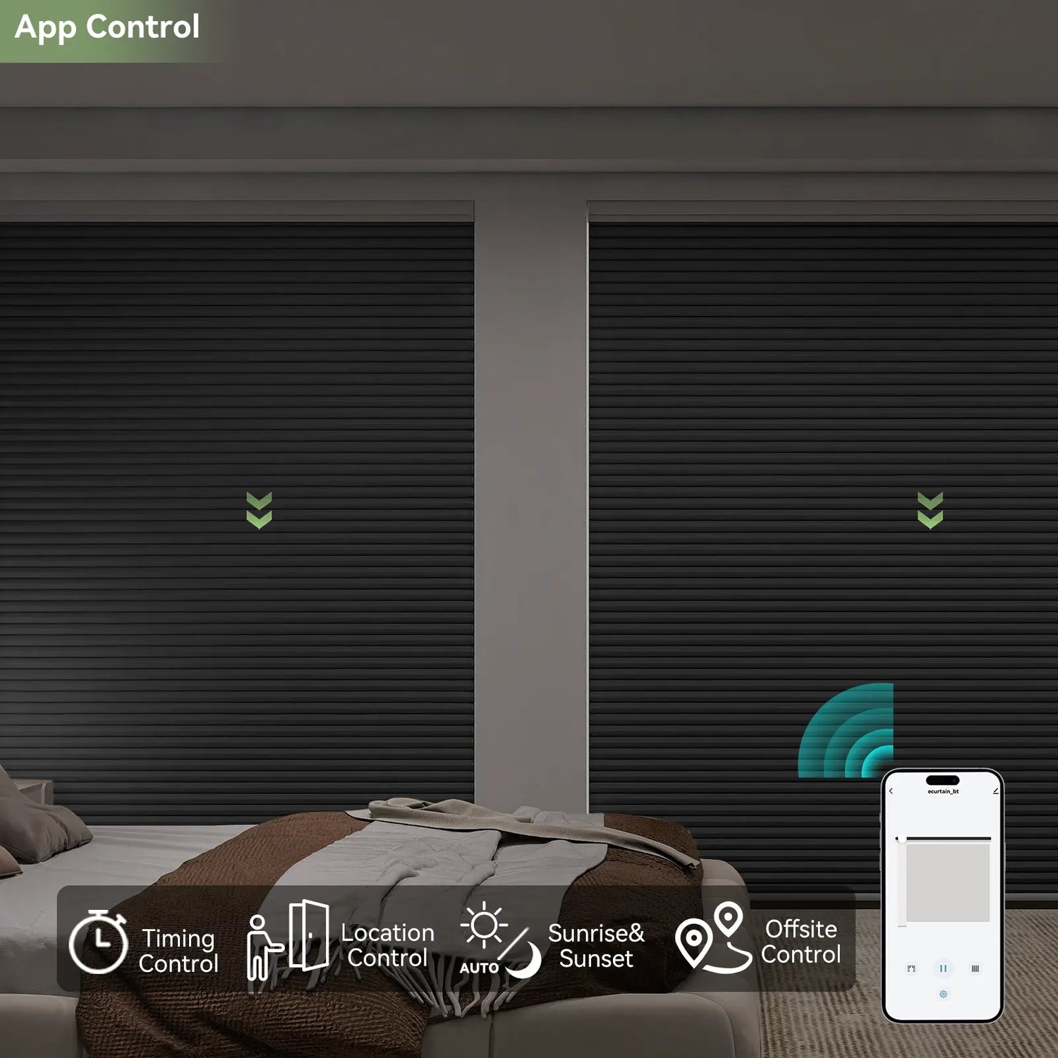 Smartphone app controlled blackout shades in modern bedroom