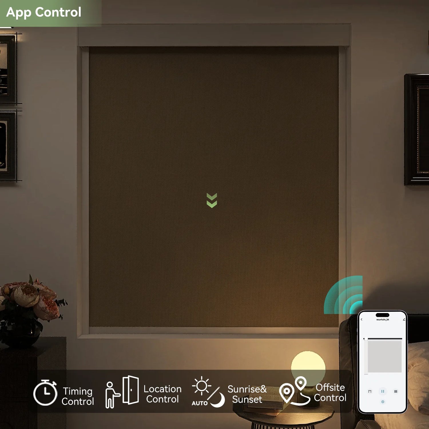 Smartphone app controlling blackout roller shades in a bedroom