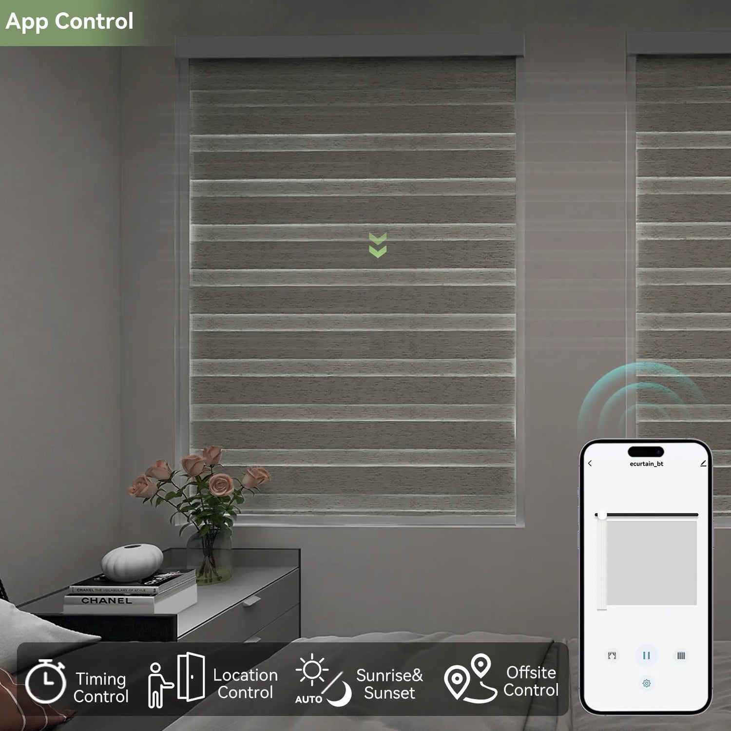 Mobile app interface controlling motorized zebra shades in a bedroom