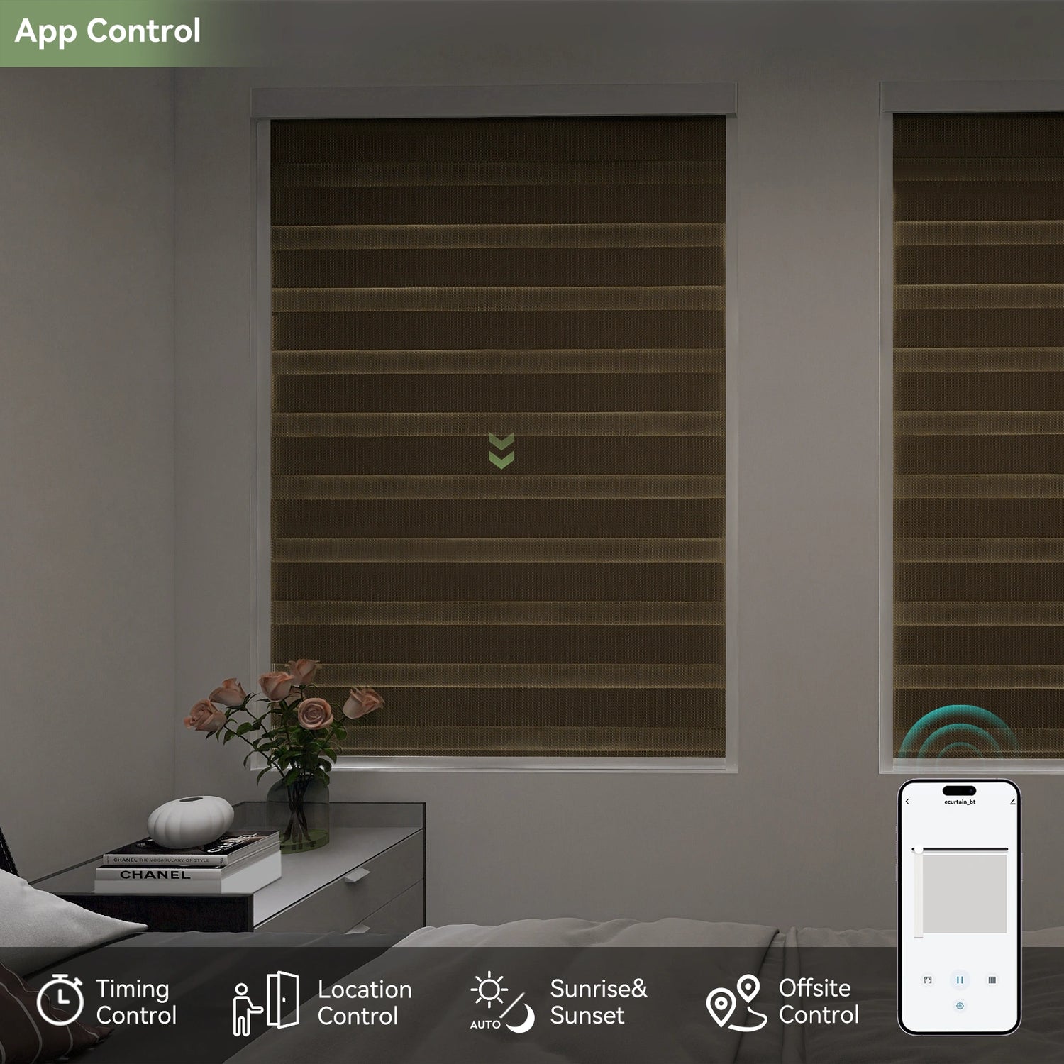 Zebra shades controlled by smartphone app in a serene bedroom setting