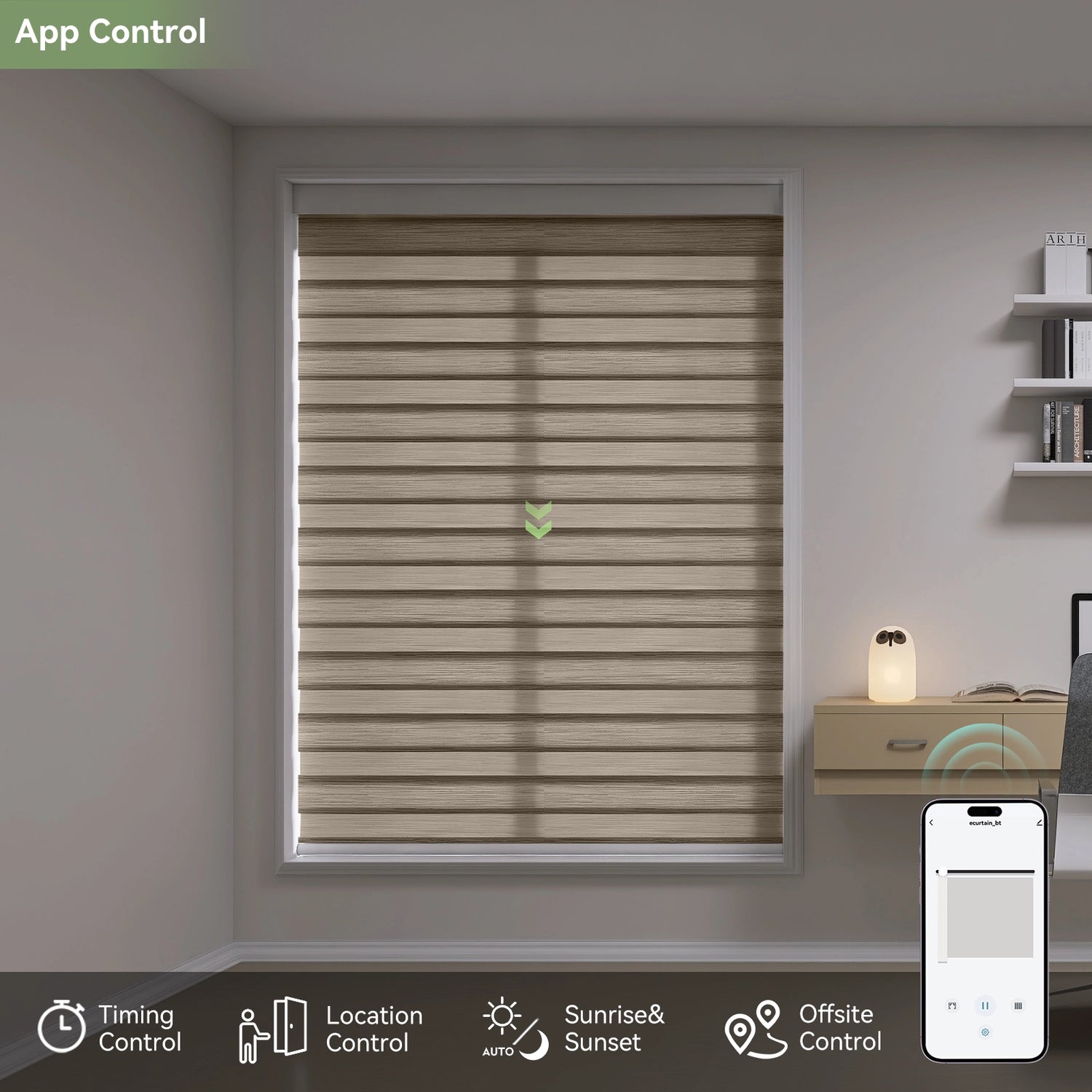 Motorized zebra shades in home office controlled via mobile app
