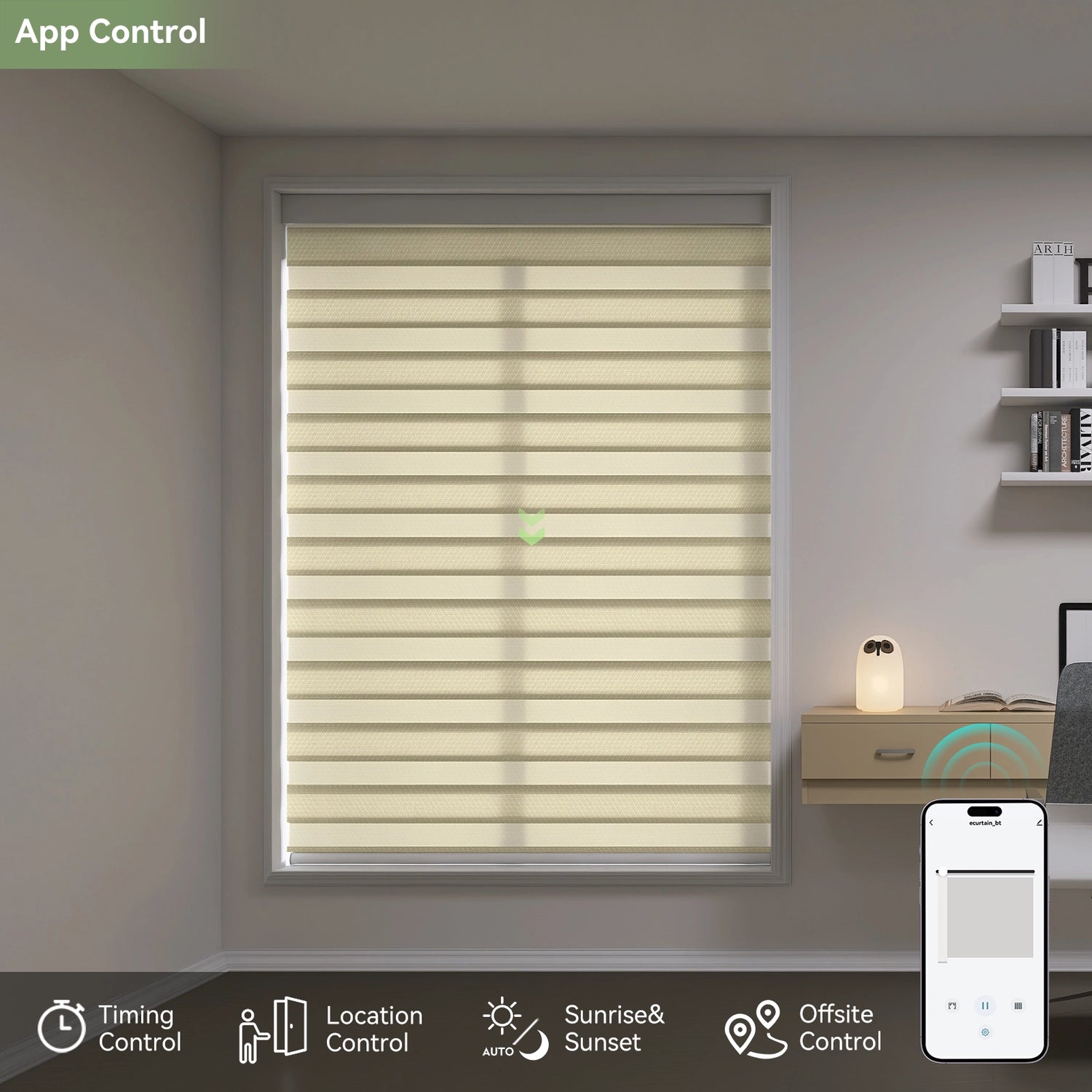 App-controlled zebra shades in home office