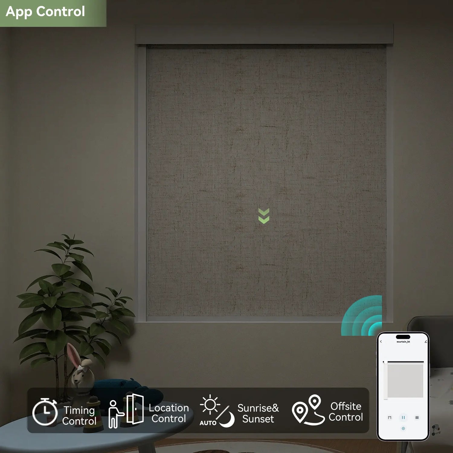 App Controlled Motorized Roller Shades in Bedroom